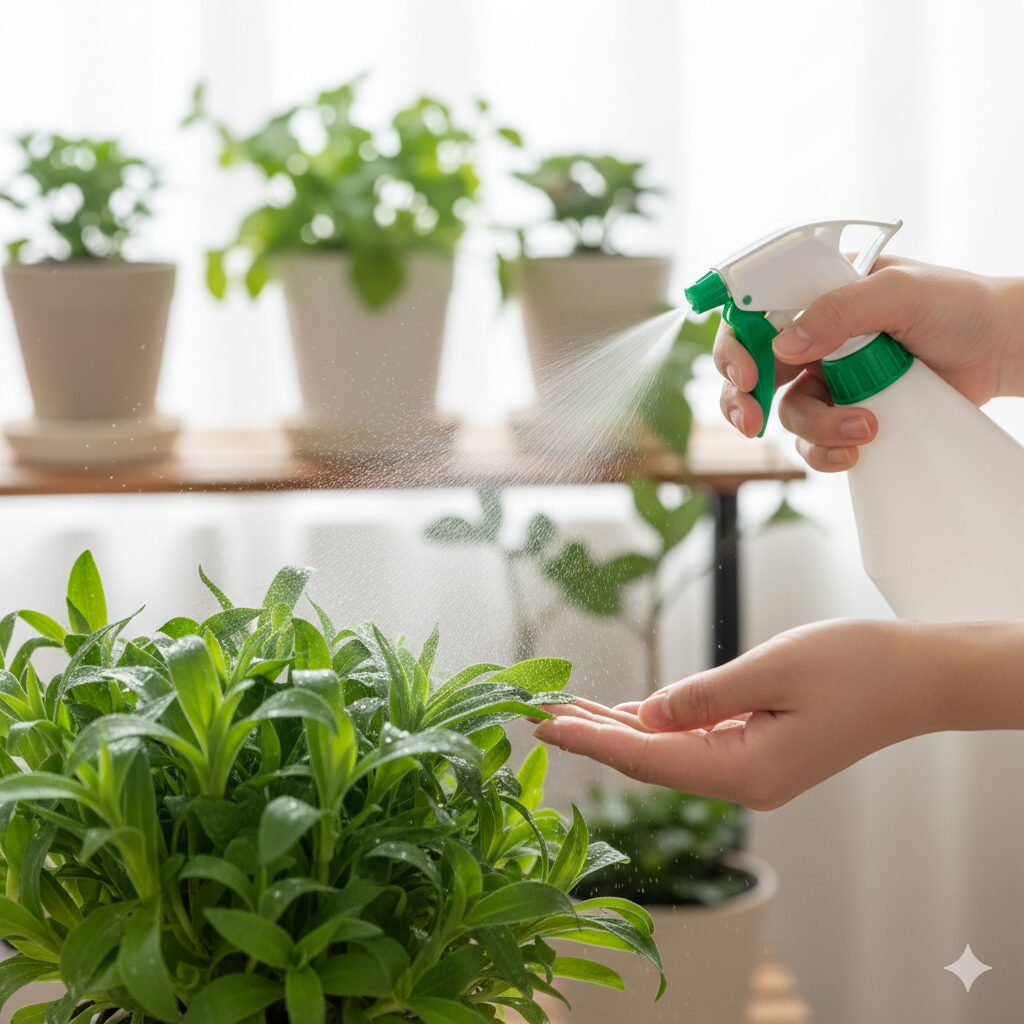 なでしこ 育て方 プランター9 ハダニ予防のために、霧吹きを使ってなでしこの葉の裏に葉水を与えている日常ケアの様子。