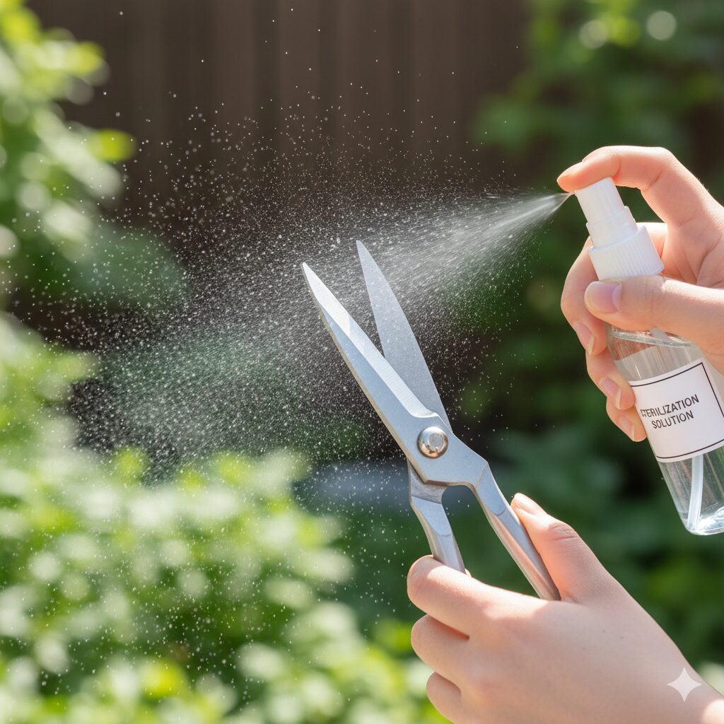なでしこ 花がら摘み10　植物のウイルス病予防のためハサミをアルコールスプレーで消毒する様子