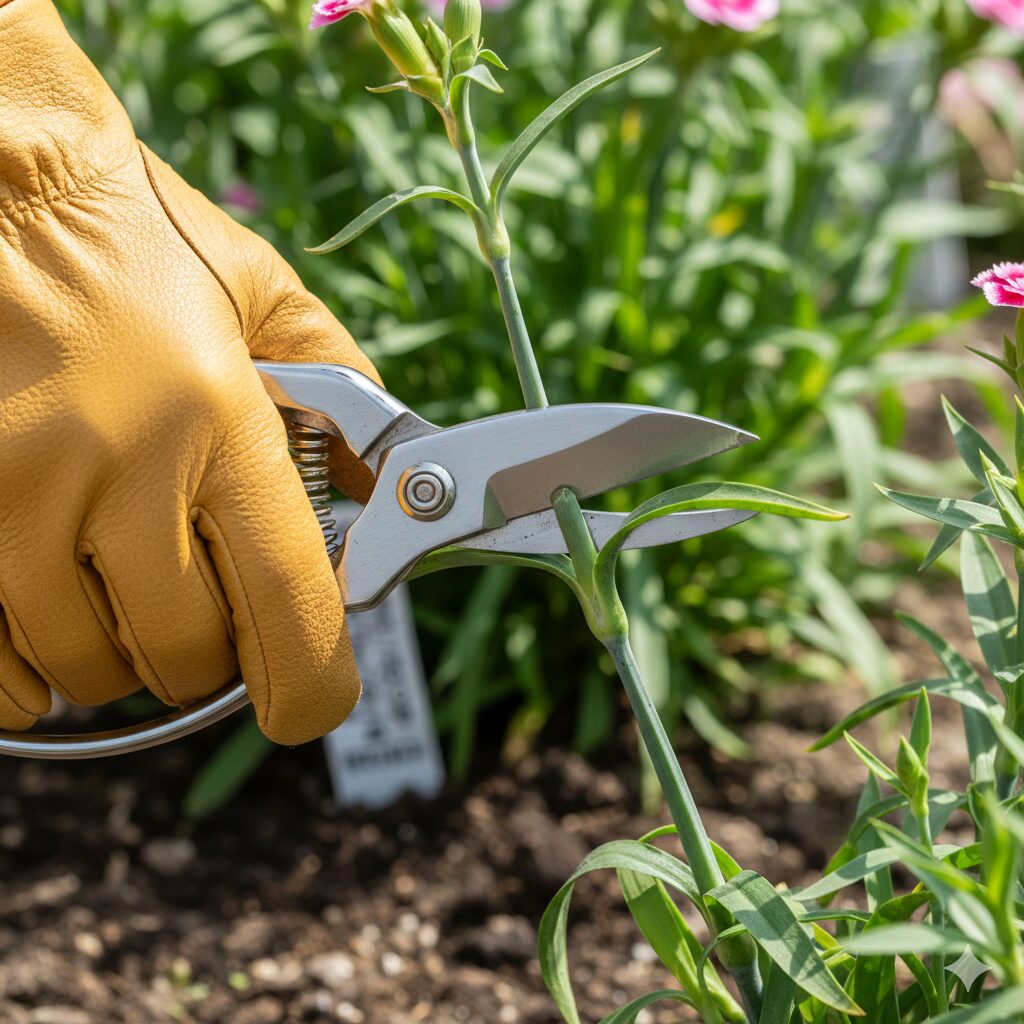 なでしこ 花がら摘み2　園芸用ハサミを用いてなでしこの茎を適切な節の位置でカットするお手入れ
