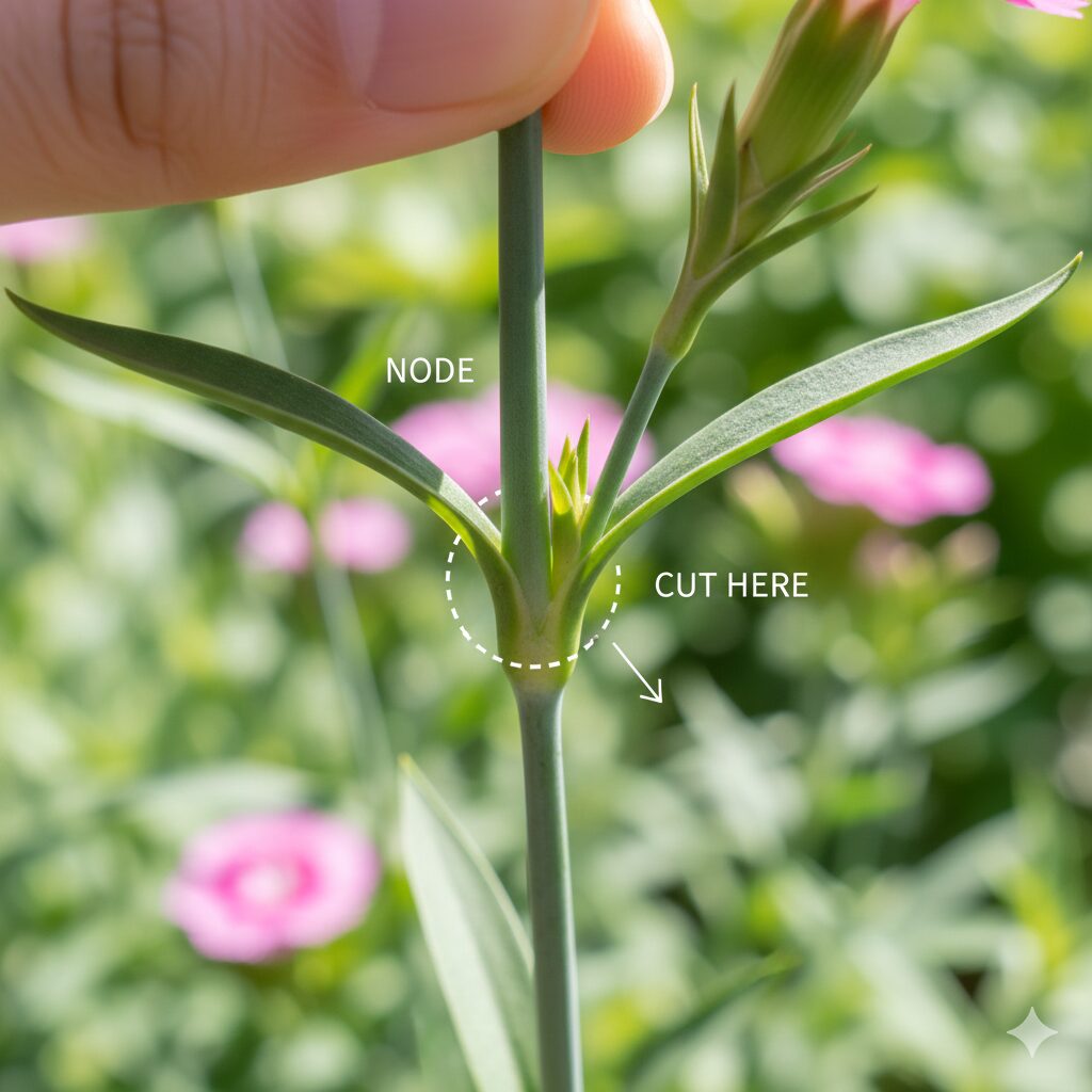 なでしこ 花がら摘み4　なでしこの茎にある節と新しい芽が出る成長点の拡大写真