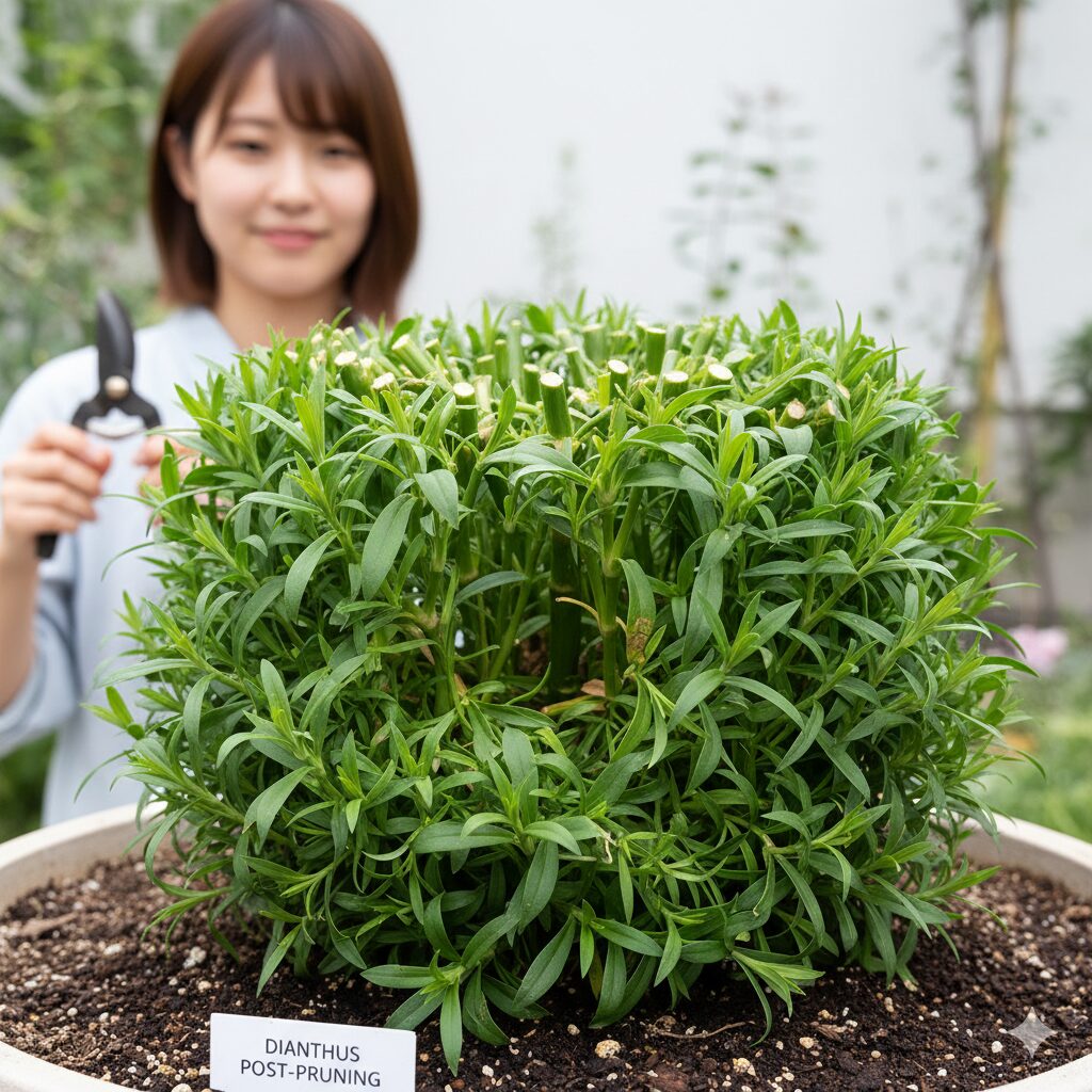 なでしこ 花がら摘み6　夏越しのために株を半分程度に切り戻し風通しを良くしたなでしこの状態