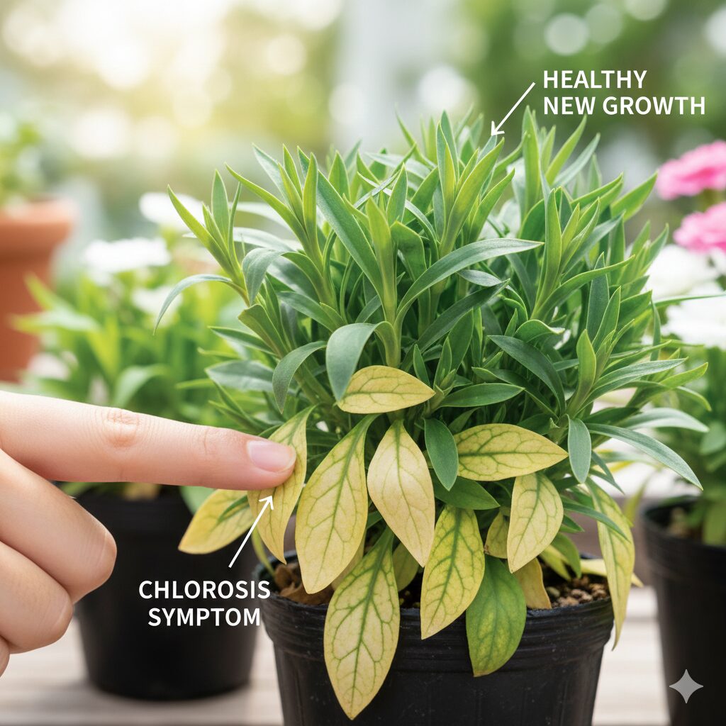 なでしこ 花がら摘み7　根腐れや肥料不足により下葉が黄色くなったなでしこのクロロシス症状