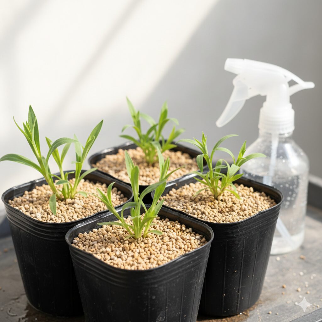 なでしこ 花がら摘み8　なでしこの若い茎を挿し穂にして新しい苗を作る挿し芽の作業工程