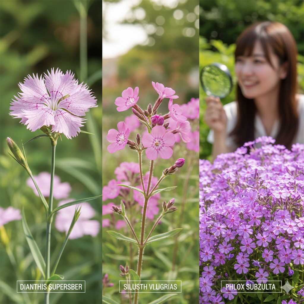 なでしこに似た花1　なでしこ（カワラナデシコ）と、よく似たムシトリナデシコやシバザクラの比較イメージ写真