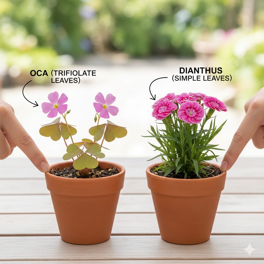 なでしこに似た花10　ピンクの花とハート型の3枚葉（クローバー状）が特徴のイモカタバミ