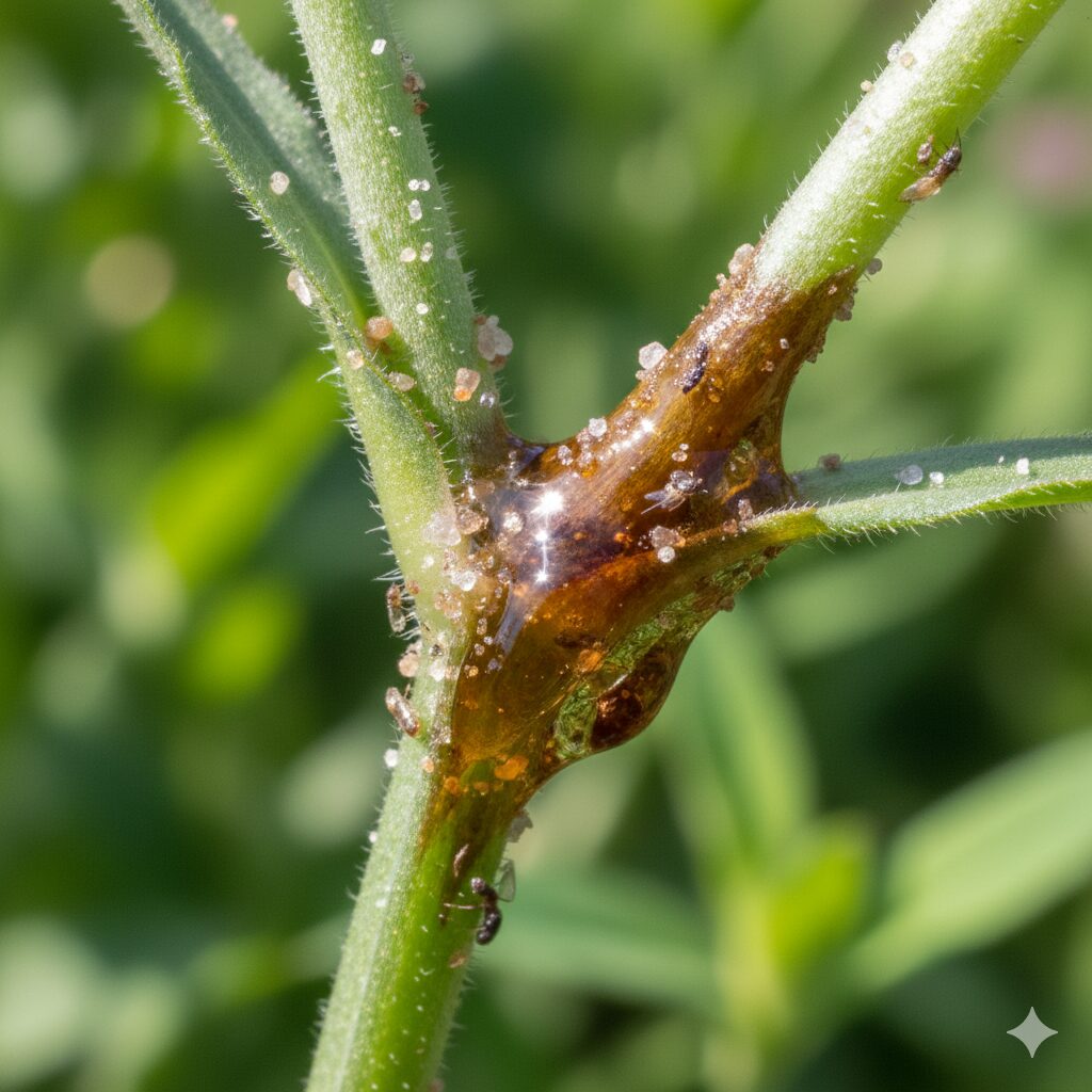 なでしこに似た花2　ムシトリナデシコの茎にある茶色い粘着部分（ベタベタ）の拡大写真