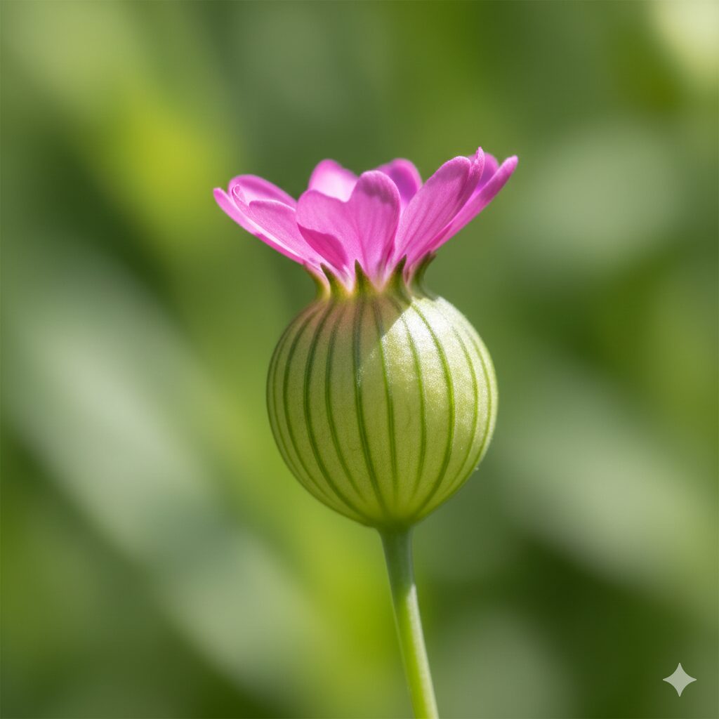 なでしこに似た花3　ぷっくりと膨らんだ筒状のがくが特徴的なムシトリナデシコの花