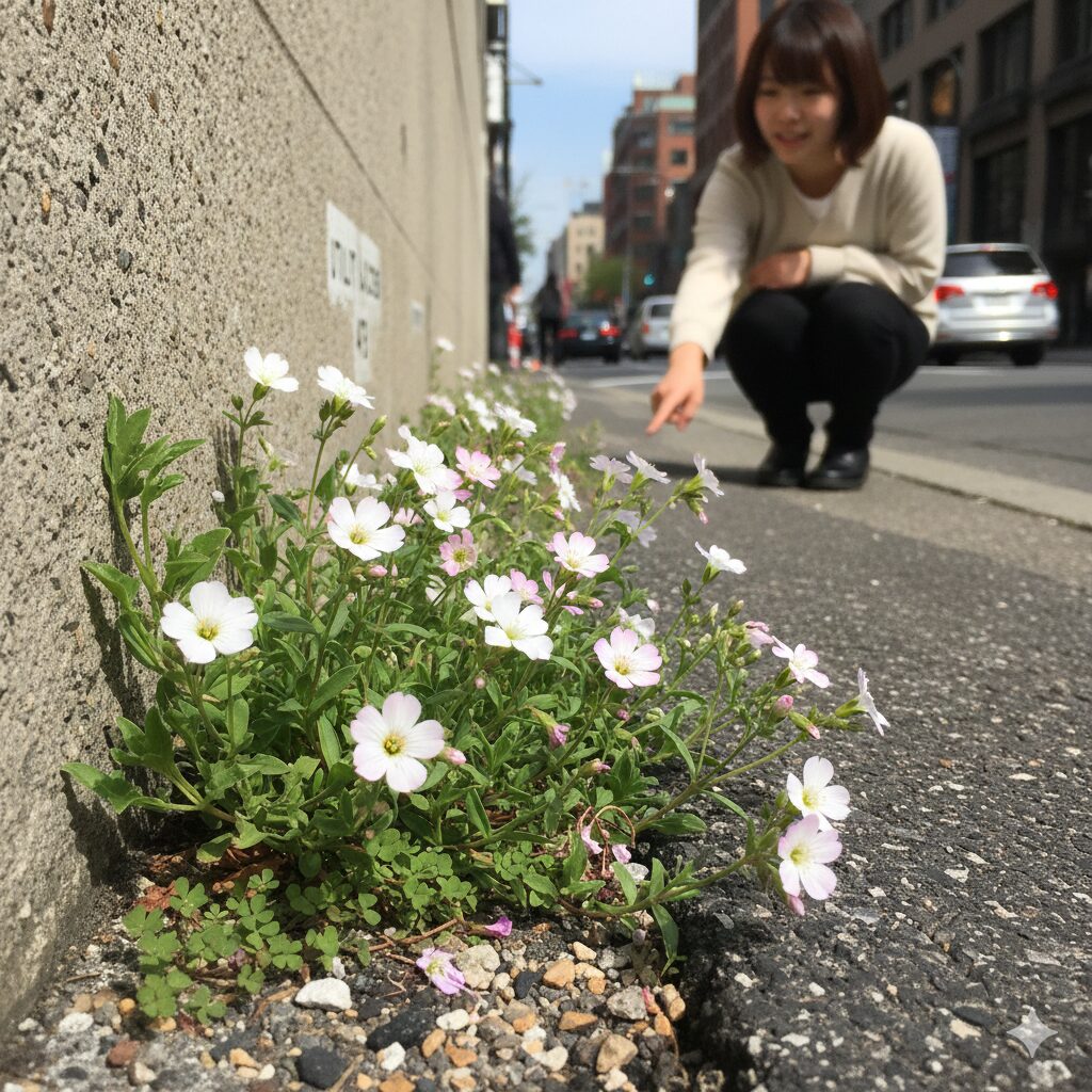 なでしこに似た花4　アスファルトの隙間に自生するナデシコ科の野生植物（マンテマなど）