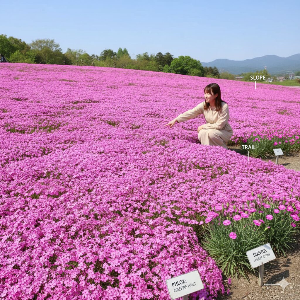 なでしこに似た花5　春の公園の斜面を埋め尽くす満開のシバザクラ（芝桜）の絨毯