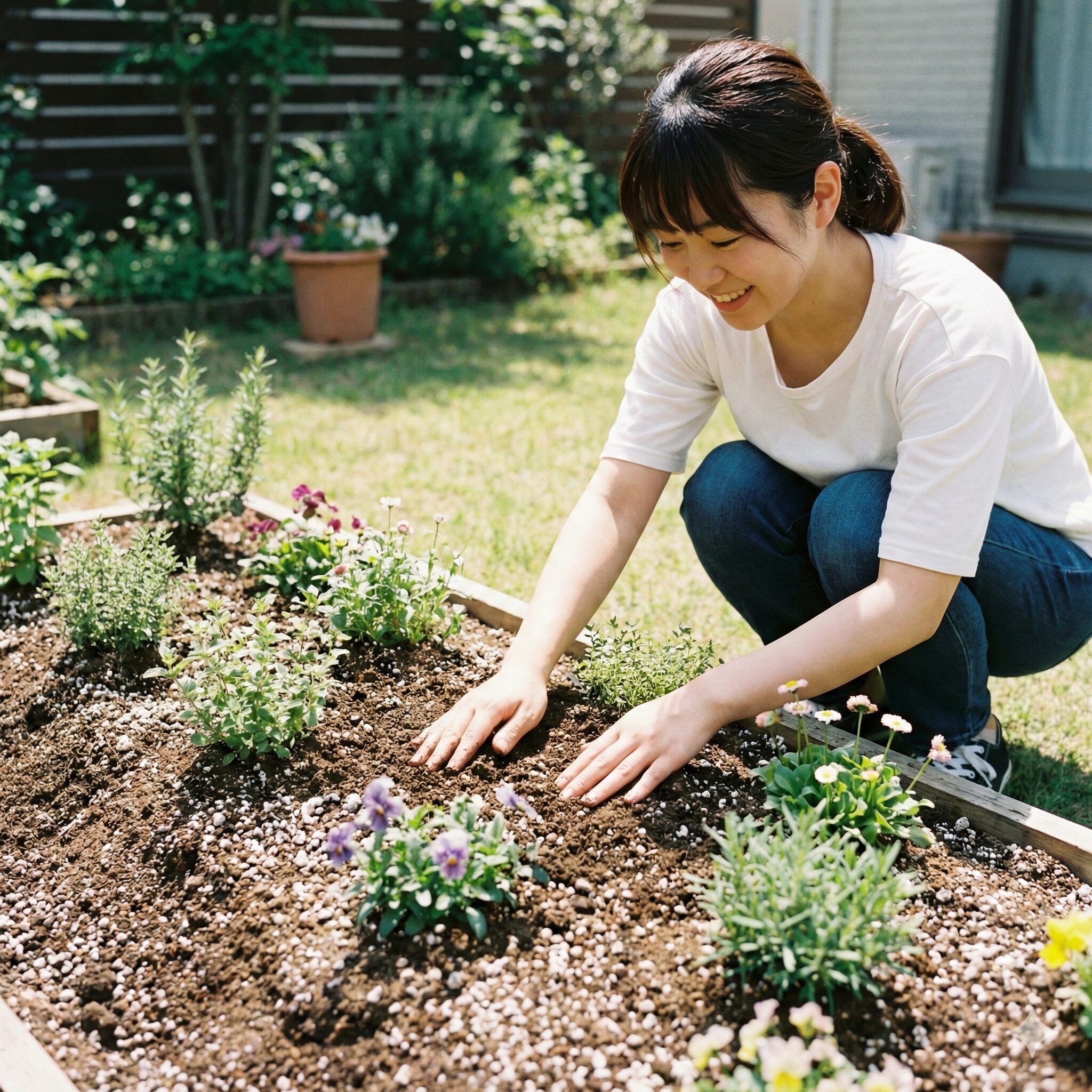 アネモネ ほったらかし4　アネモネの根腐れを防ぐために高く盛り上げられた水はけの良い高畝の花壇