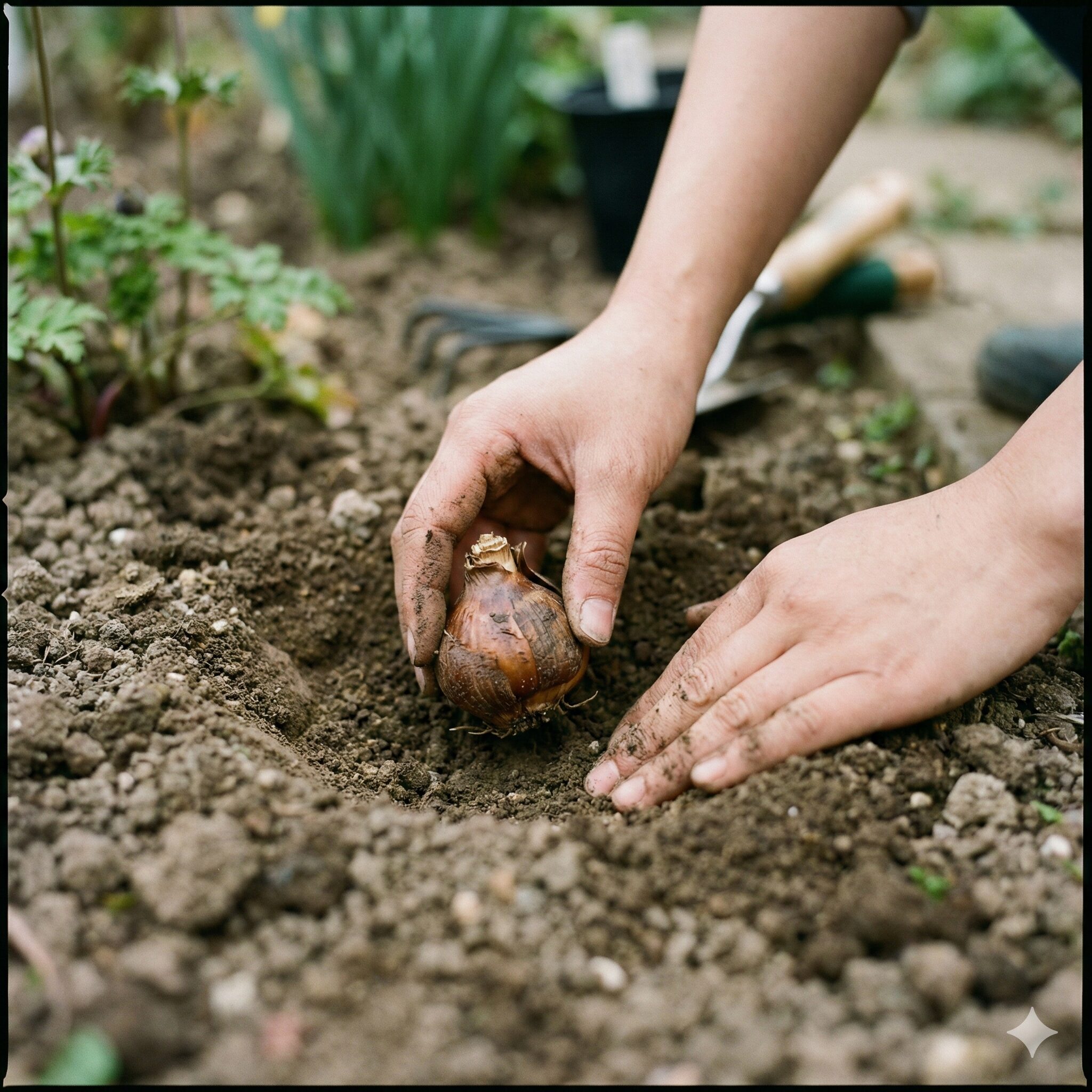アネモネ ほったらかし7　アネモネの球根を植え付ける際の正しい向き（横向き）と浅植えの様子