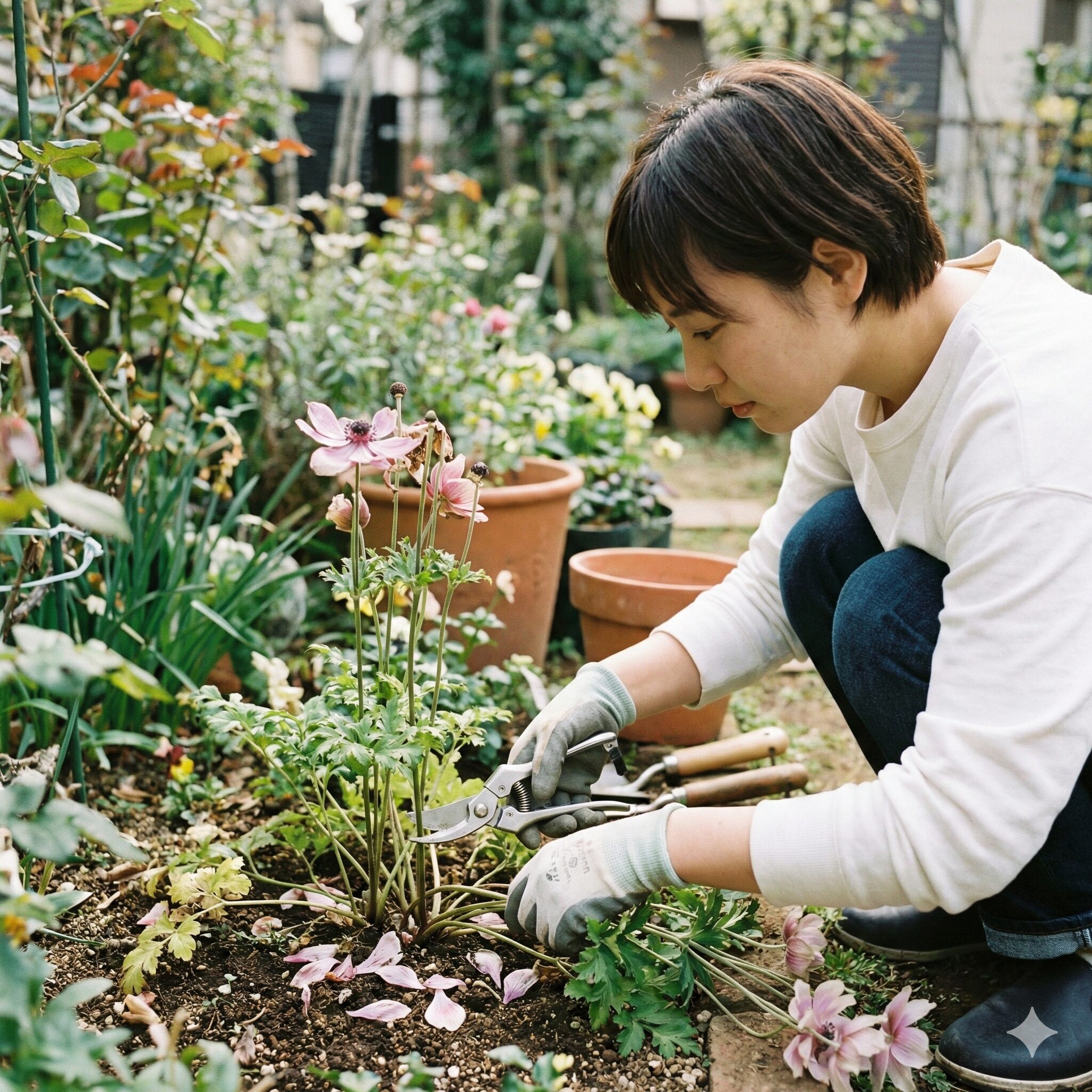アネモネ ほったらかし8　球根を太らせるために行うアネモネの正しい花がら摘みの作業