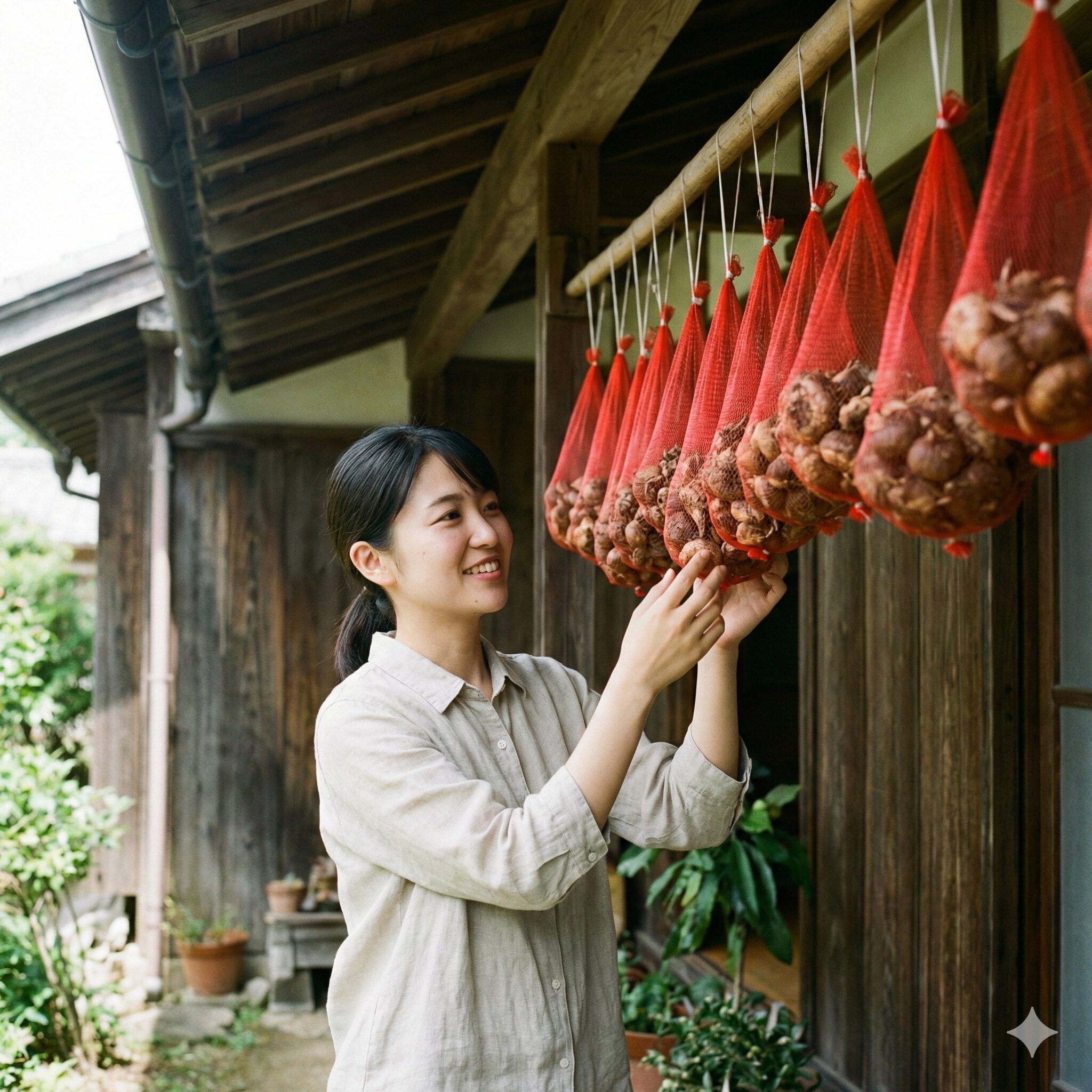 アネモネ 植える時期10　掘り上げ後にネットに入れて風通しの良い場所で夏越し保存されるアネモネの球根
