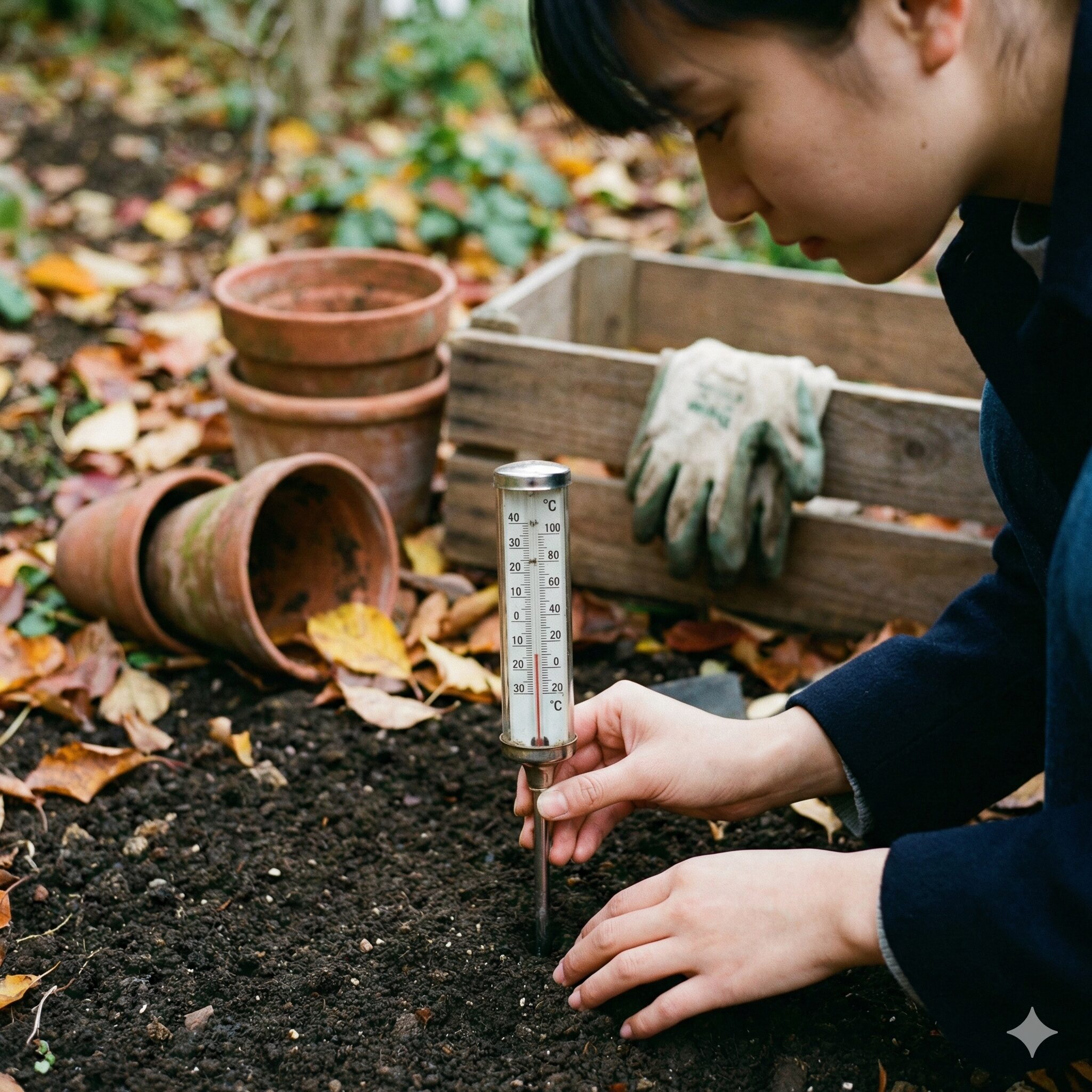 アネモネ 植える時期4　アネモネの植え付け適期を見極めるために土の温度を測定する様子