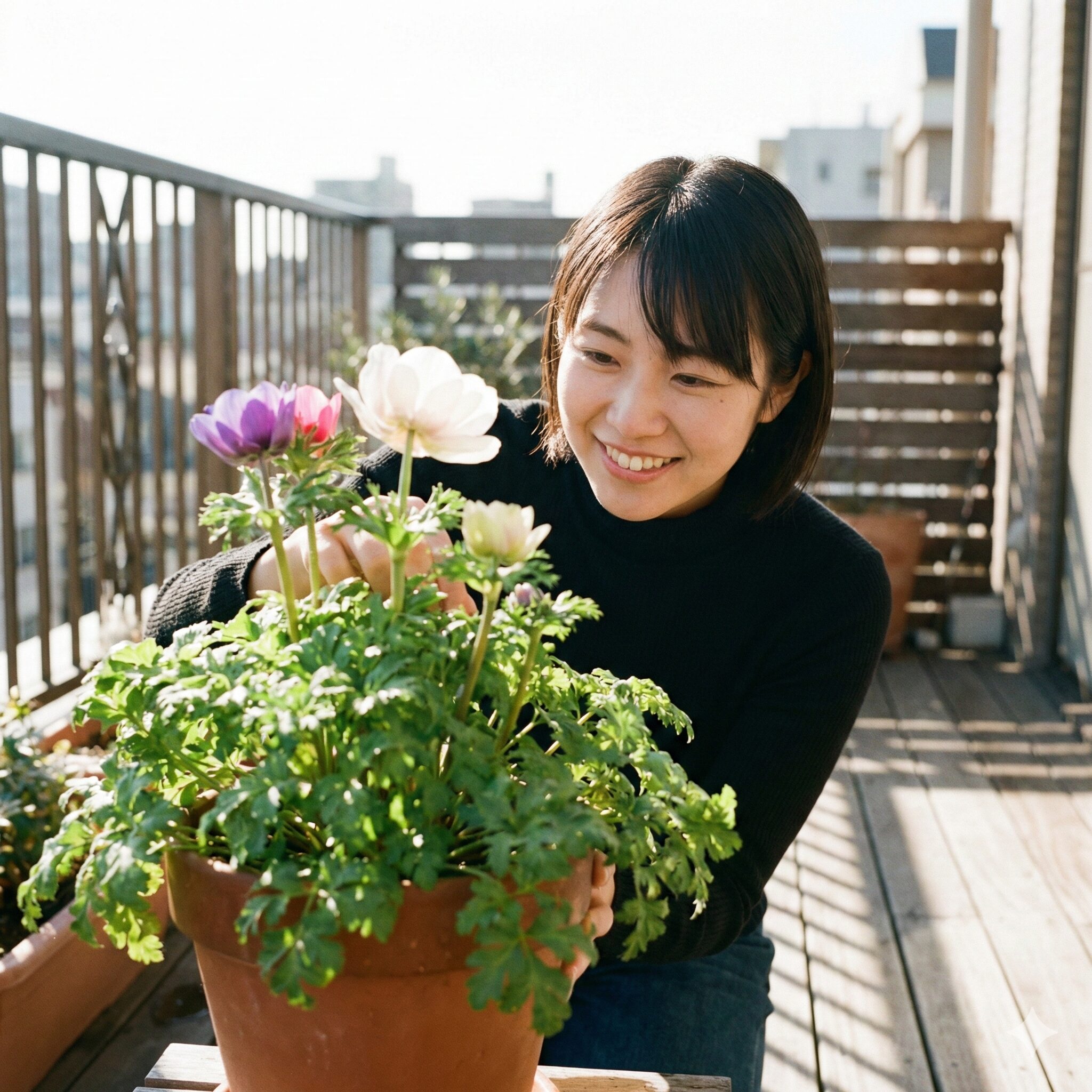 アネモネ 植える時期7　冬の太陽光をたっぷり浴びて健康に育つアネモネの鉢植え