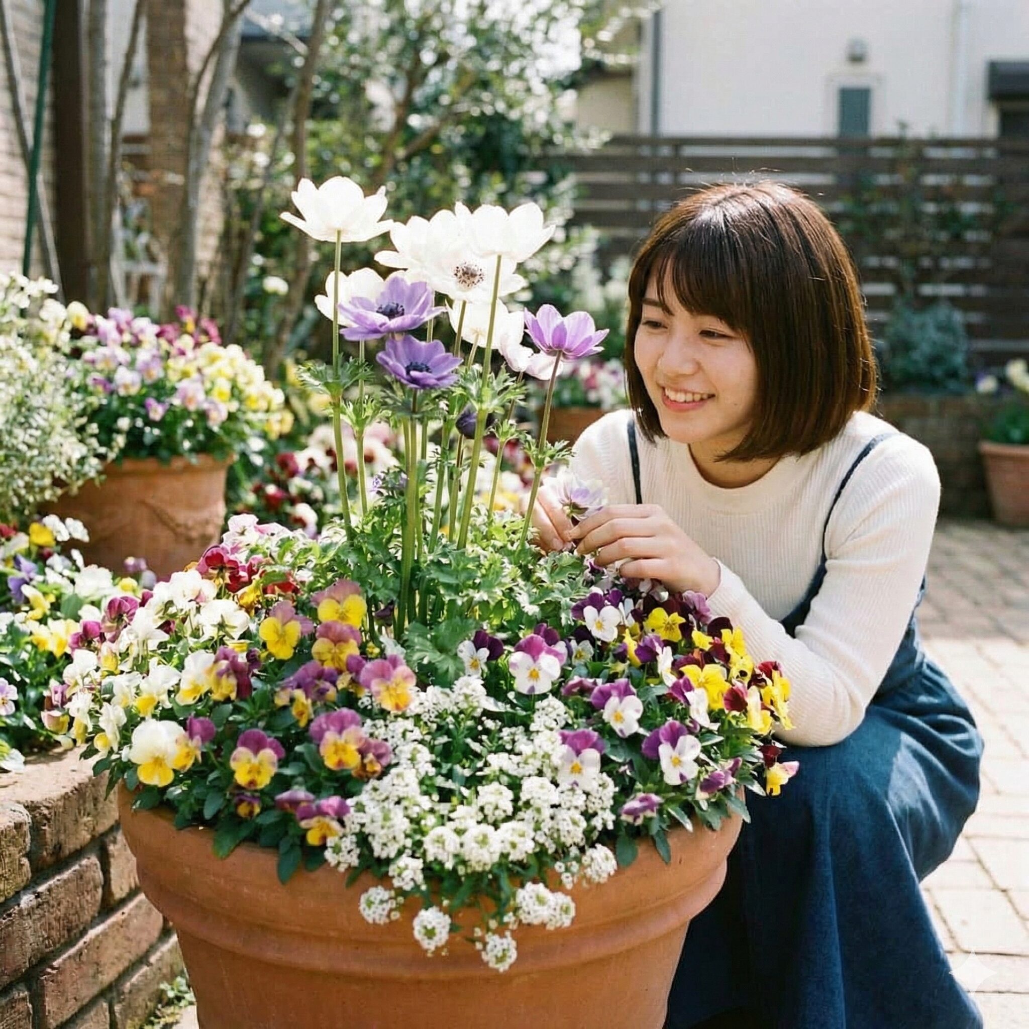 アネモネ 植える時期8　アネモネとパンジー、ビオラを美しく組み合わせた春の寄せ植え