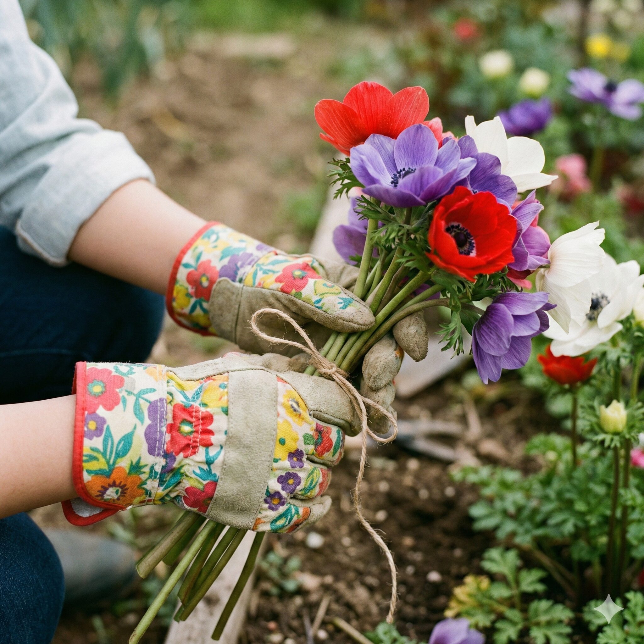 アネモネ 育て方 地植え10　毒性成分から肌を守るために手袋を着用してアネモネを扱う様子