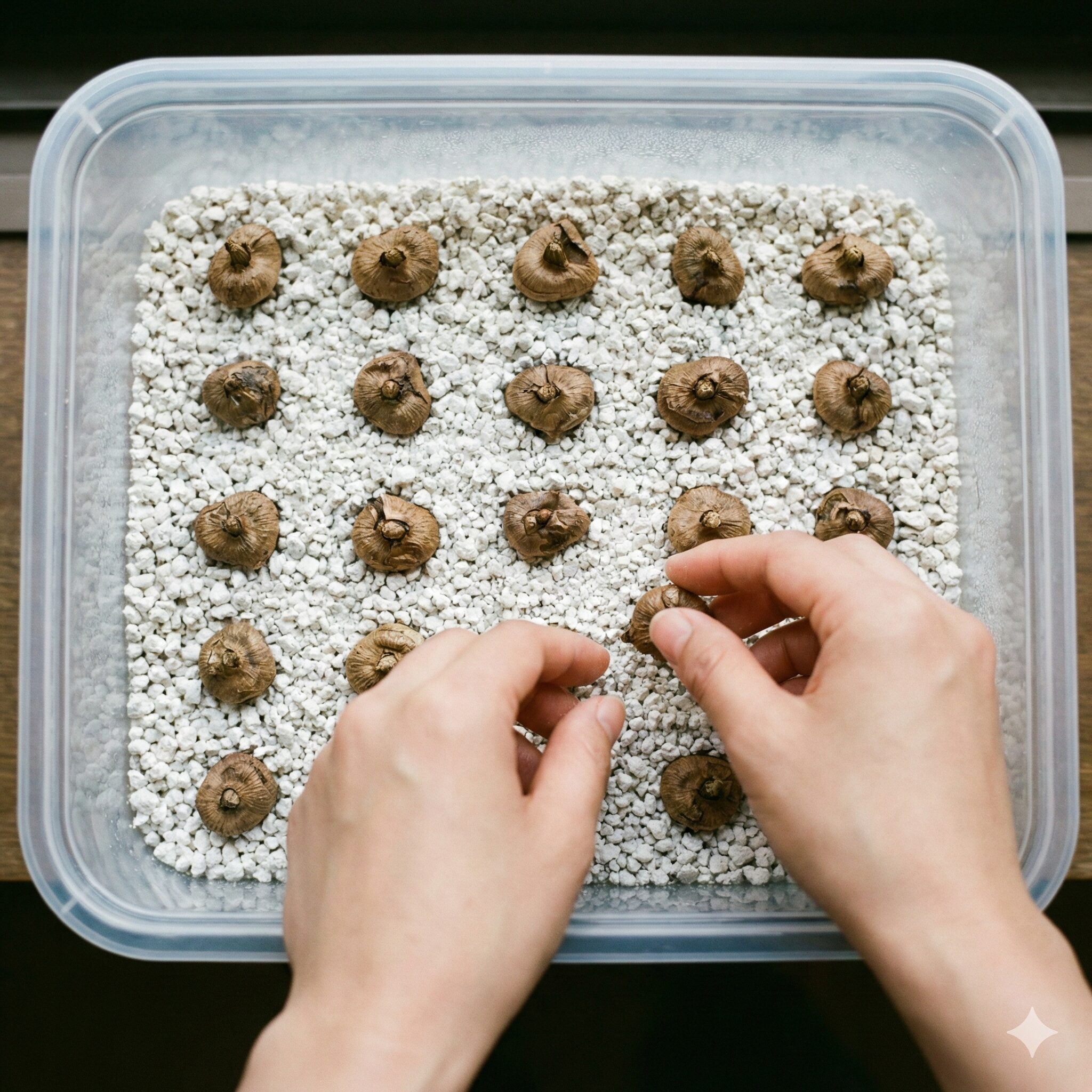アネモネ 育て方 地植え2　アネモネの球根をタッパーとバーミキュライトで吸水処理する様子