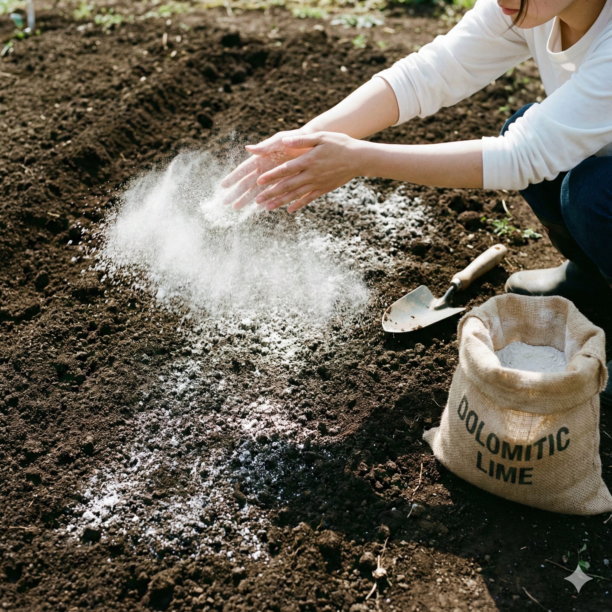 アネモネ 育て方 地植え3　アネモネの地植え前に土壌pH調整のため苦土石灰を撒く作業風景