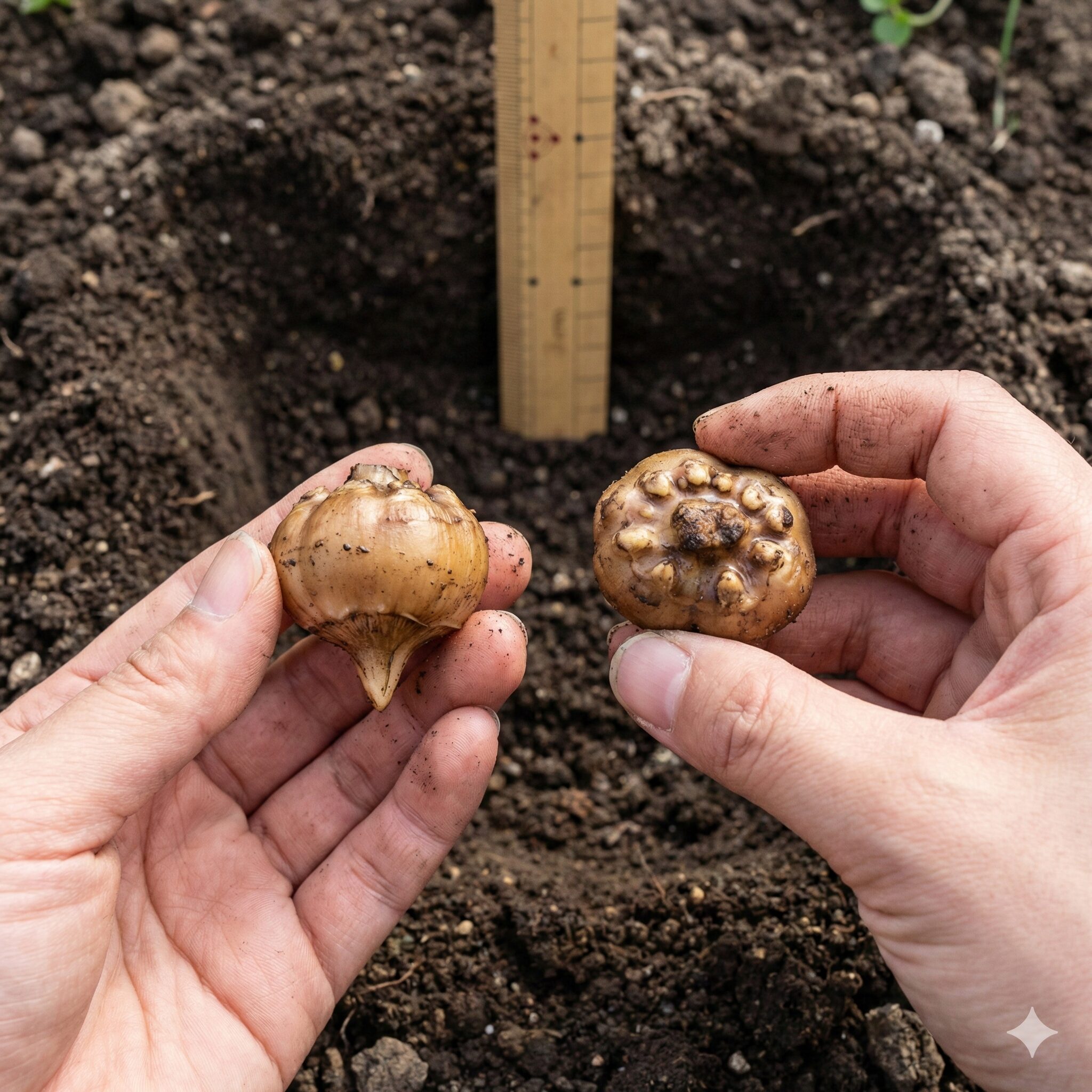 アネモネ 育て方 地植え5　アネモネの球根の上下の向きと適切な植え付けの深さの確認