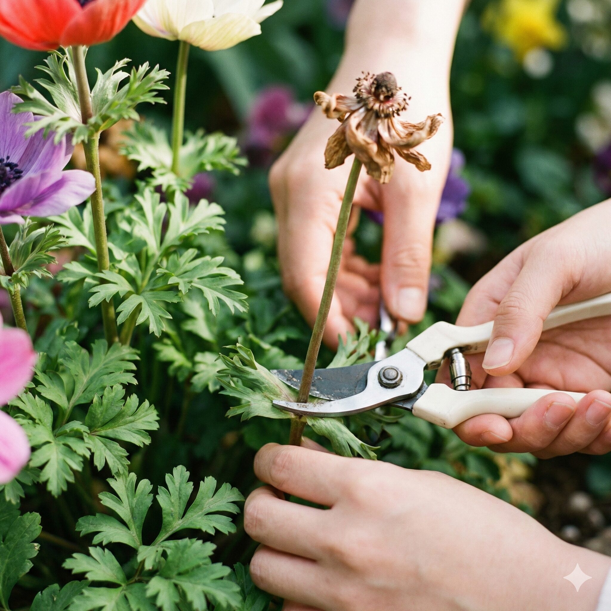 アネモネ 育て方 地植え7　灰色かび病予防のためにアネモネの花がら摘みをする様子