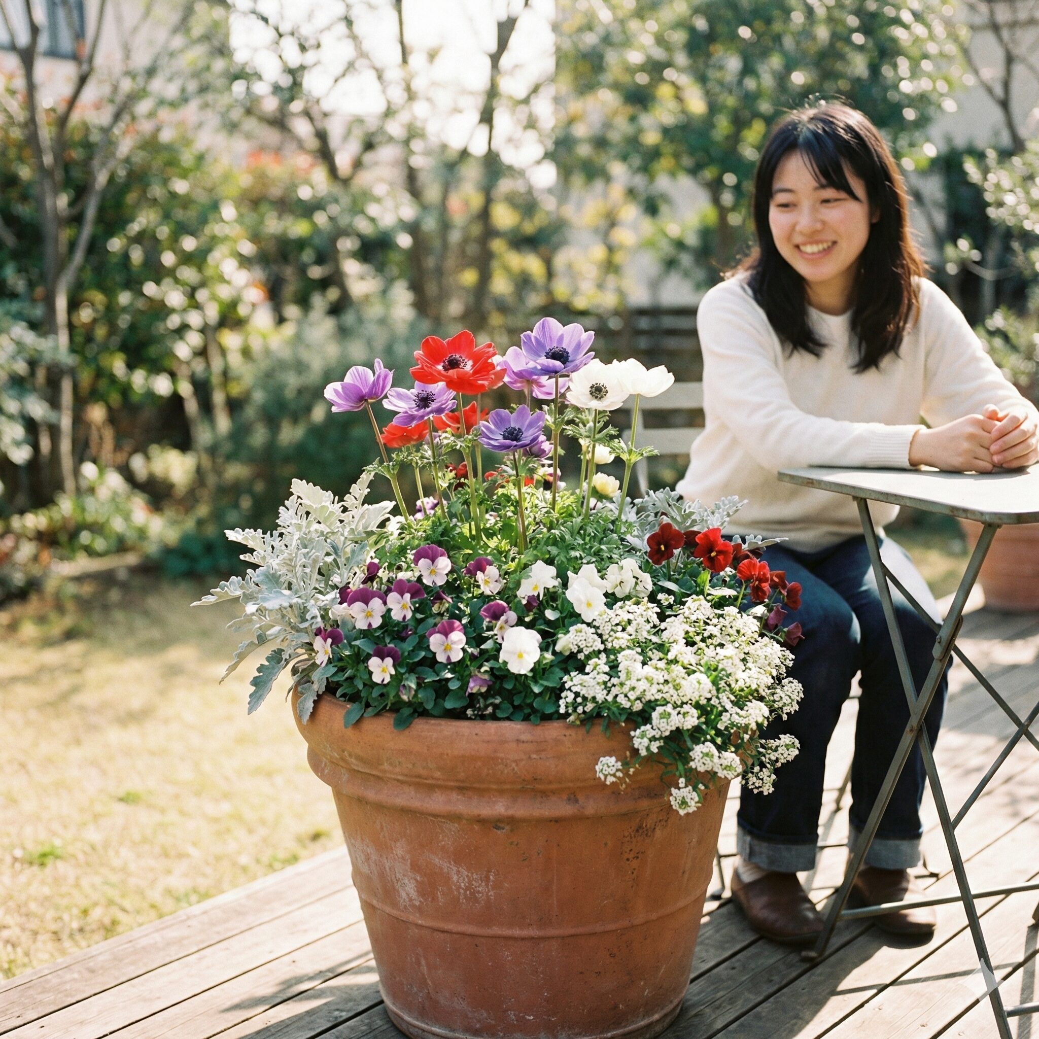 アネモネ寄せ植え 相性1　春のテラスに飾られた、色鮮やかなアネモネを主役にした美しい寄せ植えの完成写真。ビオラやアリッサムとの相性が良い組み合わせ例。