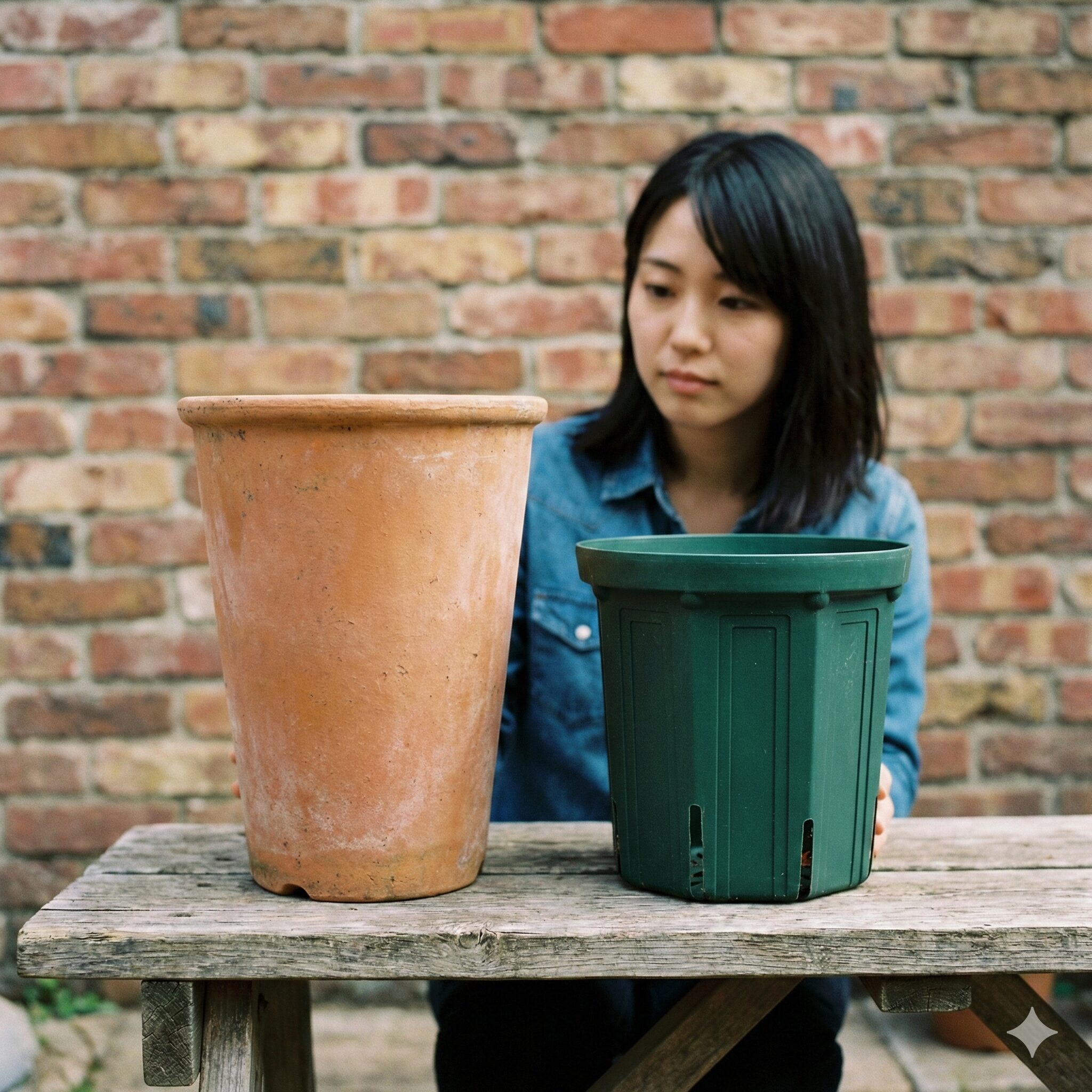 アネモネ寄せ植え 相性10　アネモネの栽培に適した、通気性の良い深型の素焼き鉢と排水スリット入りのプラスチック鉢の比較写真。