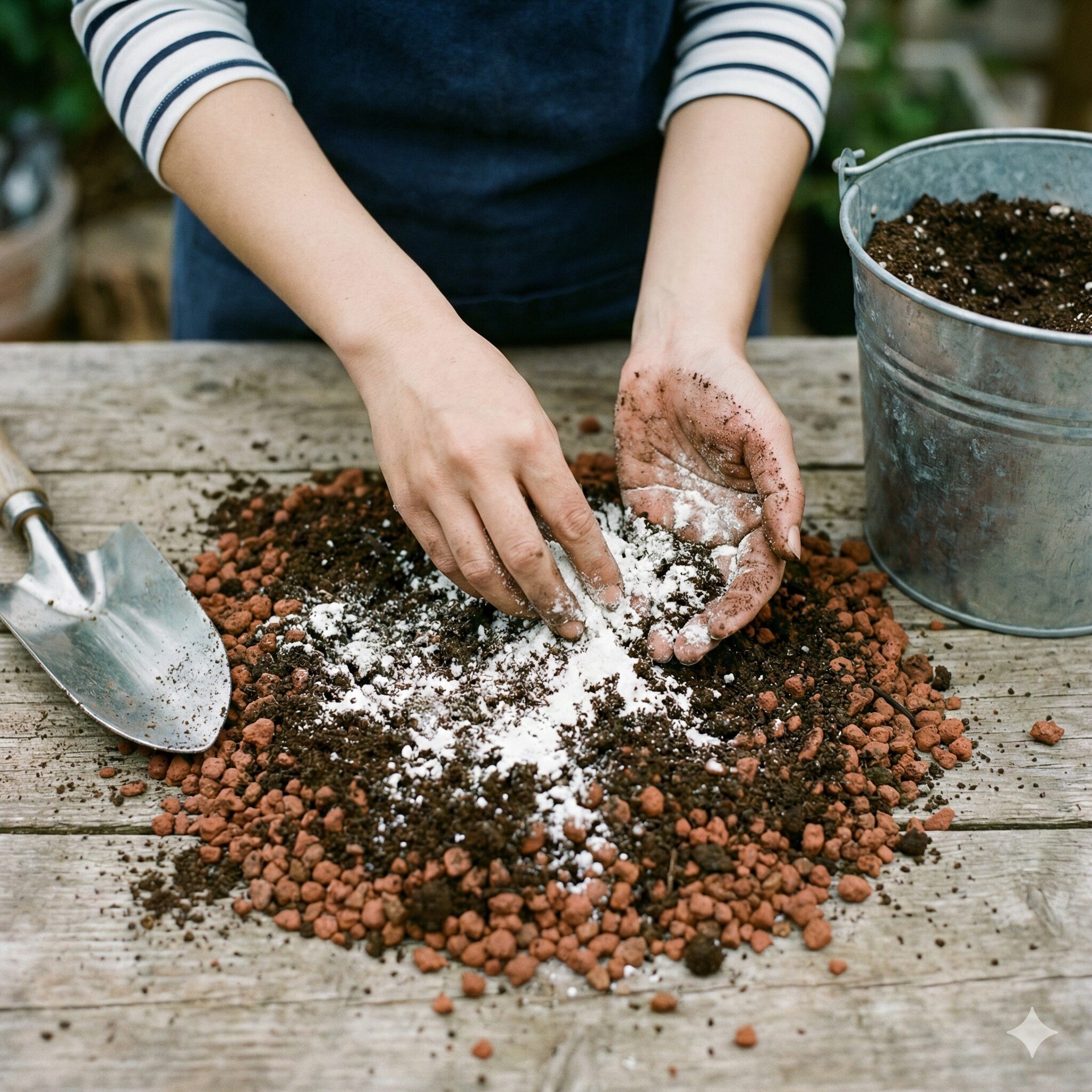 アネモネ寄せ植え 相性2　アネモネに適した弱アルカリ性の土壌を作るため、園芸用土に苦土石灰を混ぜ込んでいる作業風景。