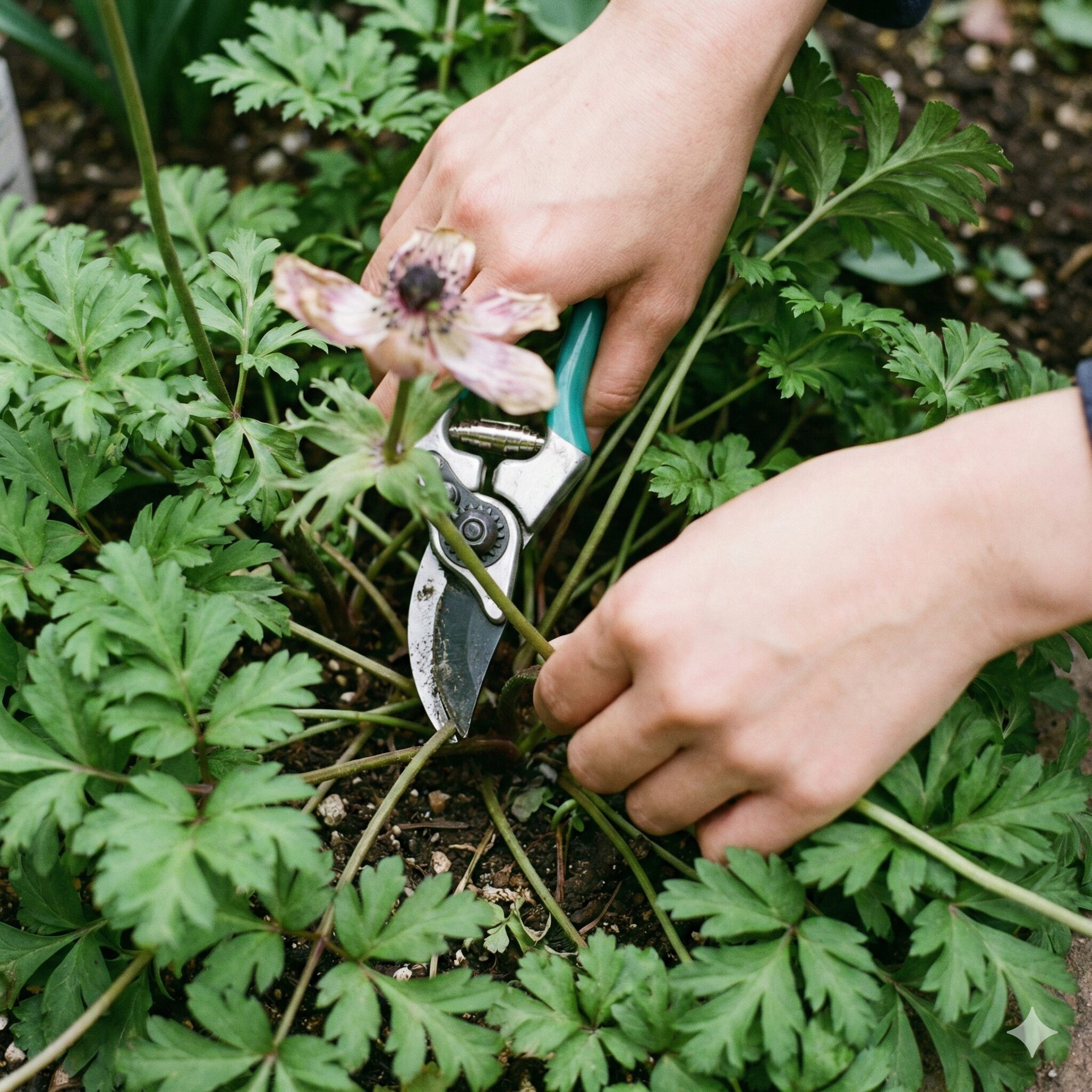アネモネ寄せ植え 相性5　灰色かび病を予防するため、アネモネの咲き終わった花茎を根元からハサミで切り取っている花がら摘みの作業写真。