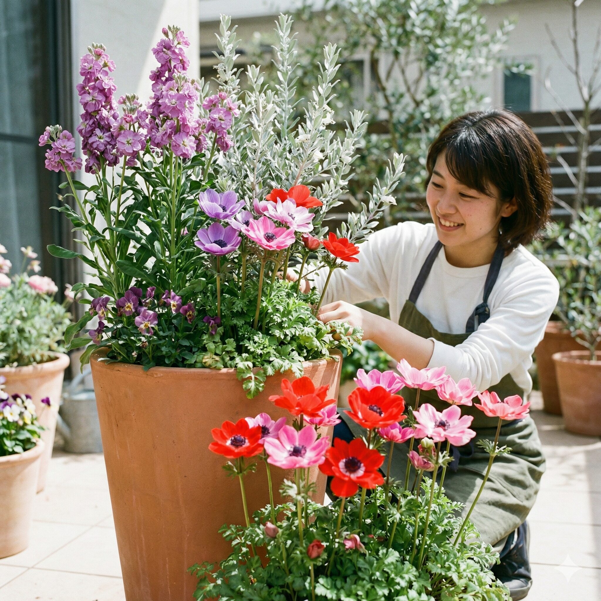 アネモネ寄せ植え 相性6　背景にストックとエレモフィラを配置し、高低差をつけて立体感を演出したアネモネの寄せ植え実例写真。