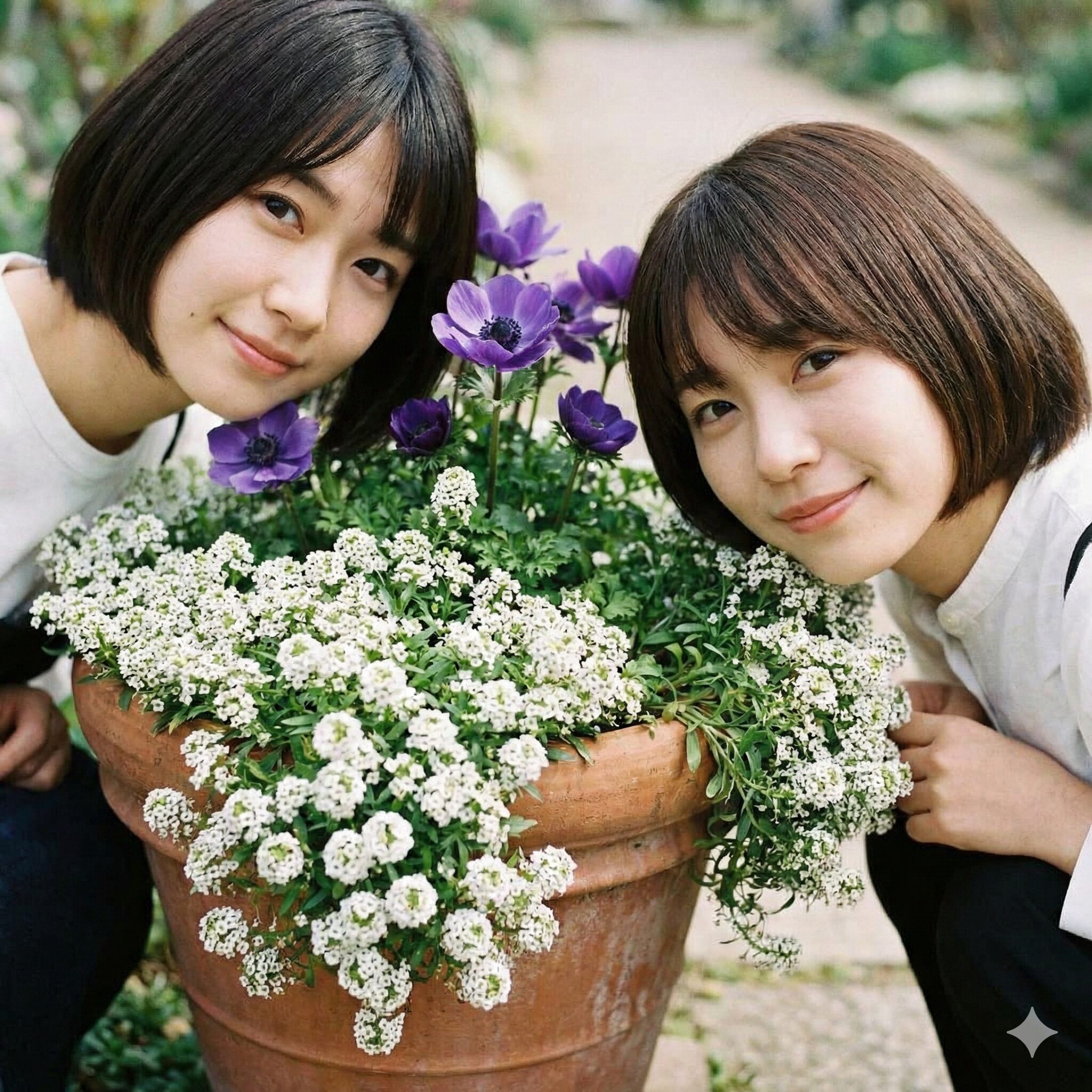 アネモネ寄せ植え 相性7　アネモネの株元をカバーするように、白いスイートアリッサムが鉢の縁から溢れるように咲いている寄せ植えの足元写真。