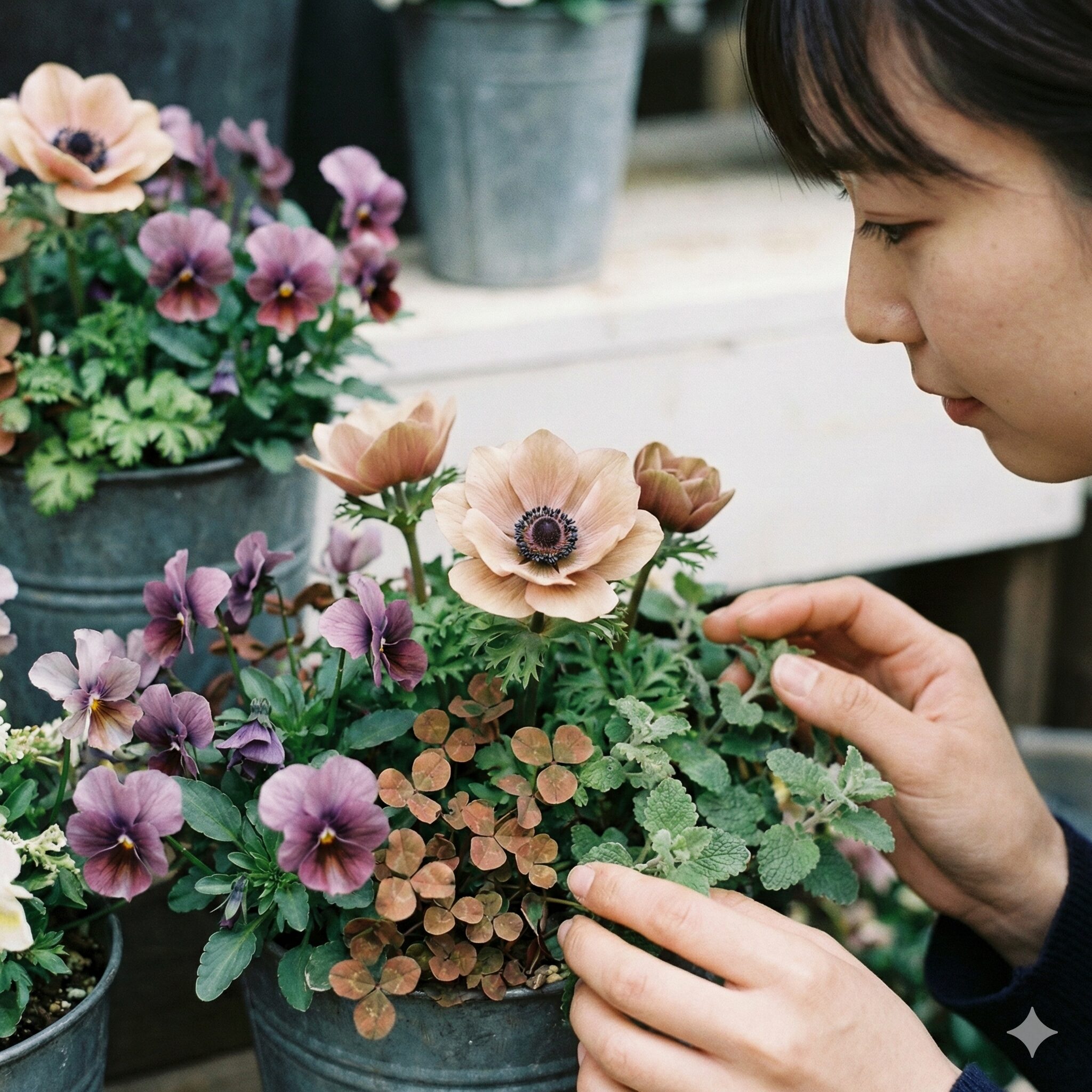 アネモネ寄せ植え 相性8　ニュアンスカラーのアネモネ「アンアリス」を中心に、アンティーク調の草花と組み合わせたシックな配色の寄せ植え写真。