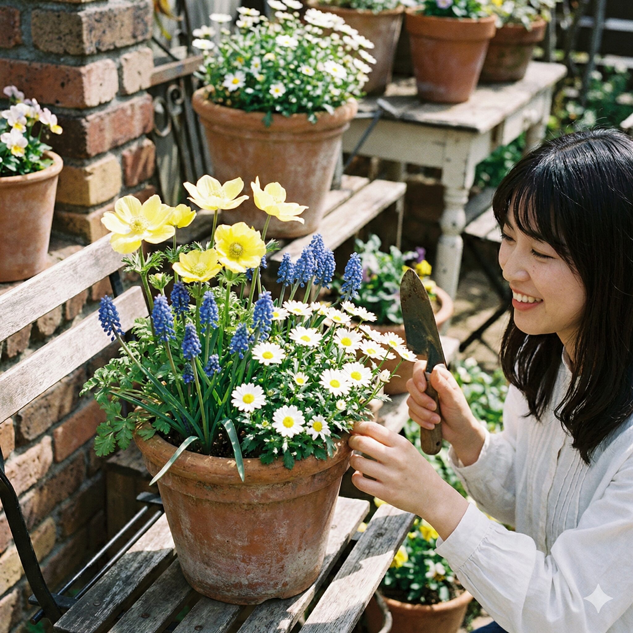 アネモネ花言葉 黄色10　黄色いアネモネと青いムスカリを組み合わせた、春の寄せ植えアレンジメント