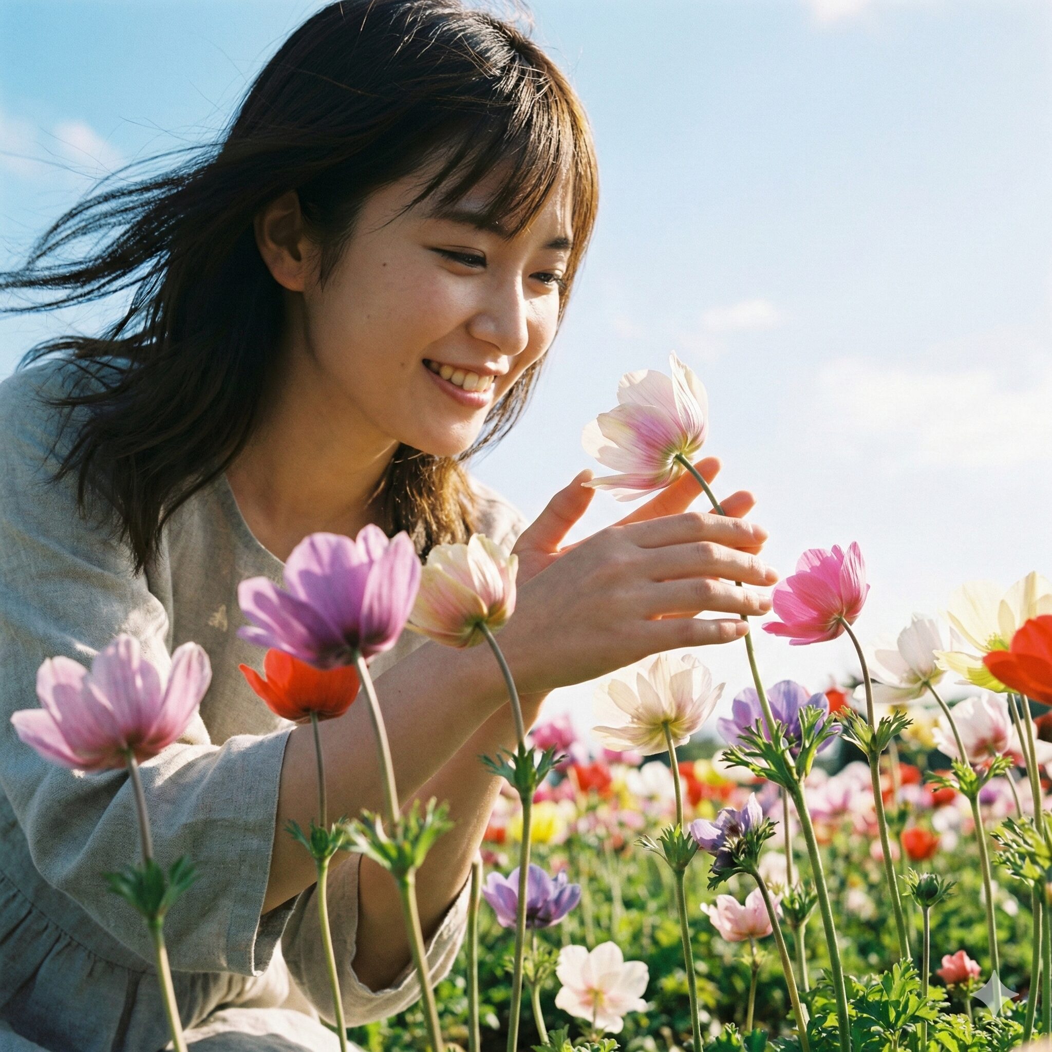 アネモネ花言葉 黄色3　　春風に揺れる繊細なアネモネの花びらと「風の娘」の由来を感じる風景