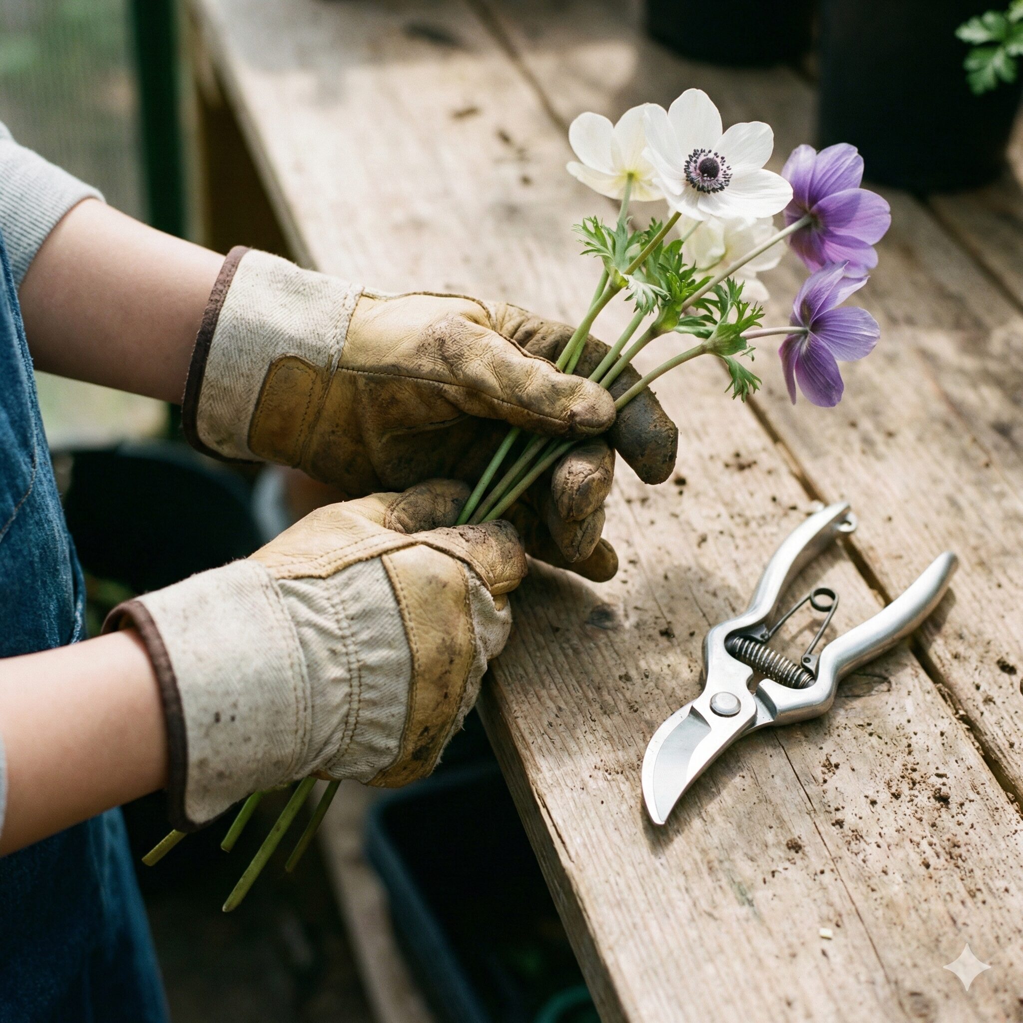 アネモネ花言葉 黄色6　毒性に注意し、園芸用手袋を着用してアネモネを安全に手入れする様子