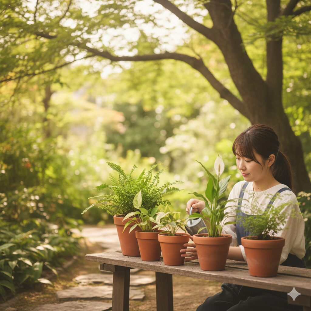 アマリリス 植え替え 土10　植え替え直後の安静期間に明るい日陰で管理されるアマリリスの鉢