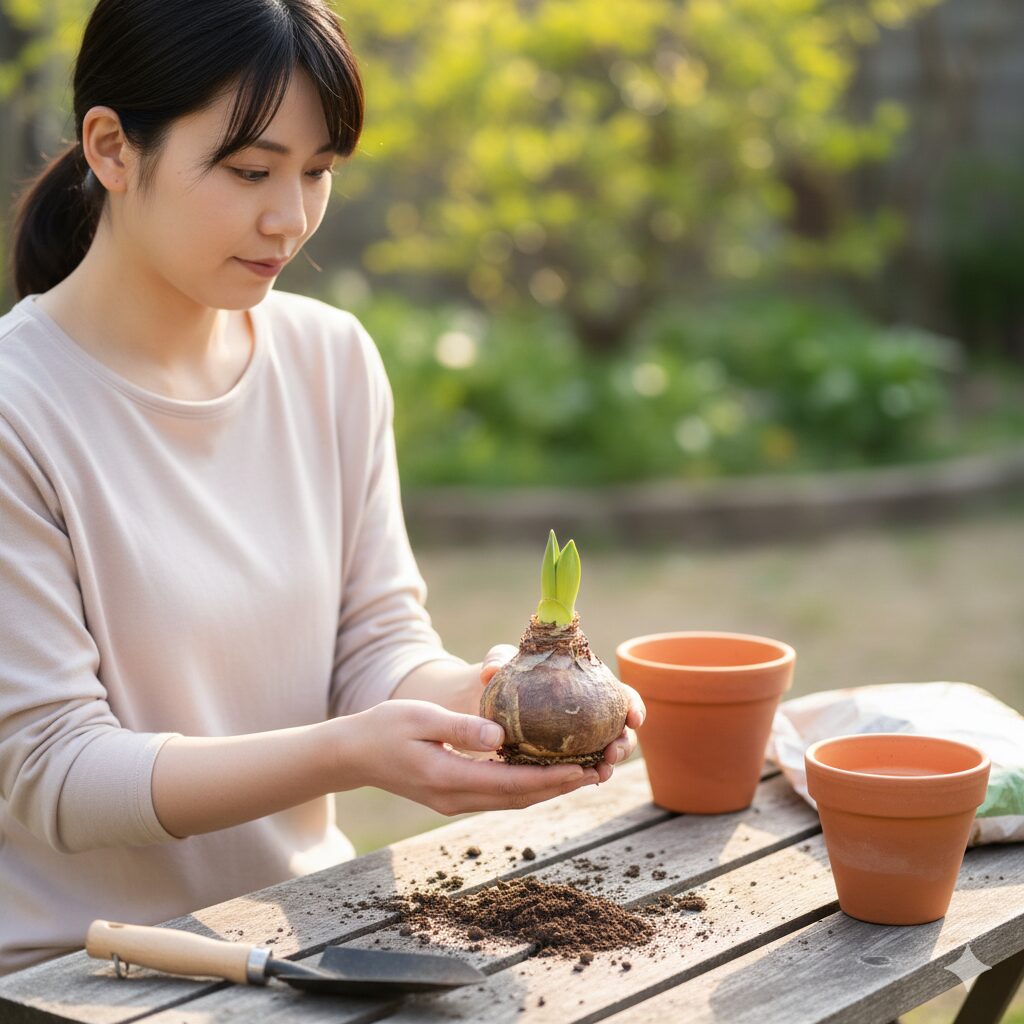 アマリリス 植え替え 土2　3月から4月の植え替え適期に新芽が動き出したアマリリスの球根