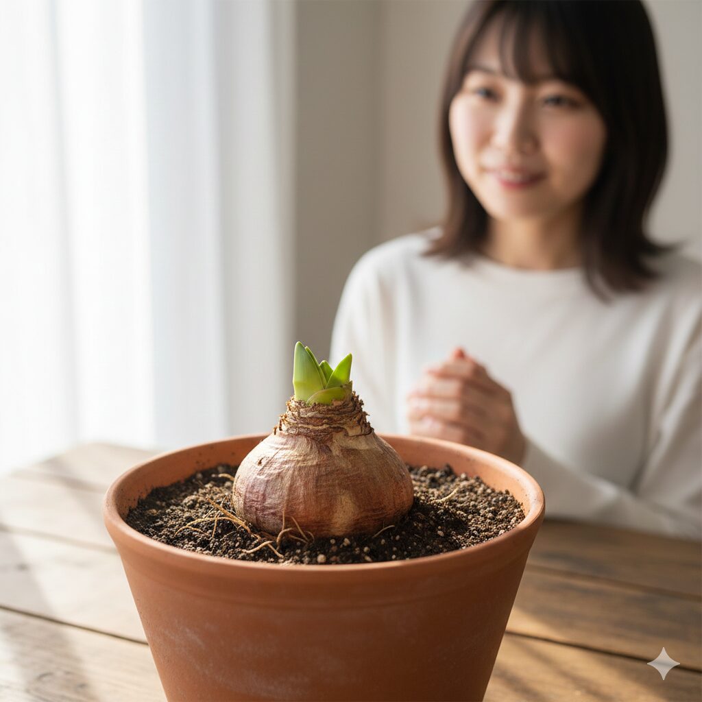 アマリリス 植え替え 土6　根腐れを防ぐために球根の肩を出して植えるアマリリスの浅植え
