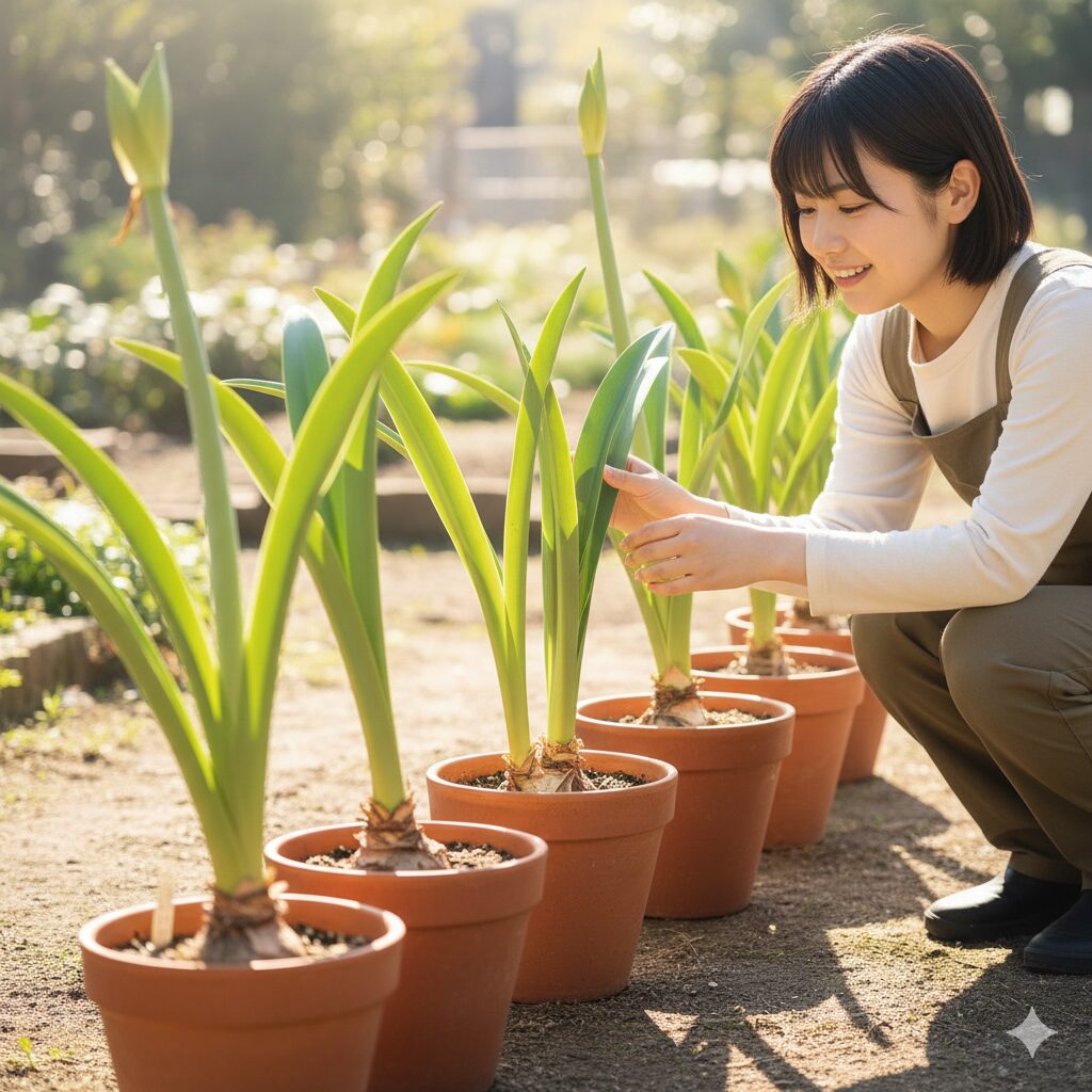 アマリリス 植え替え 土8　日当たりの良い屋外で日光をたっぷり浴びるアマリリスの鉢植え