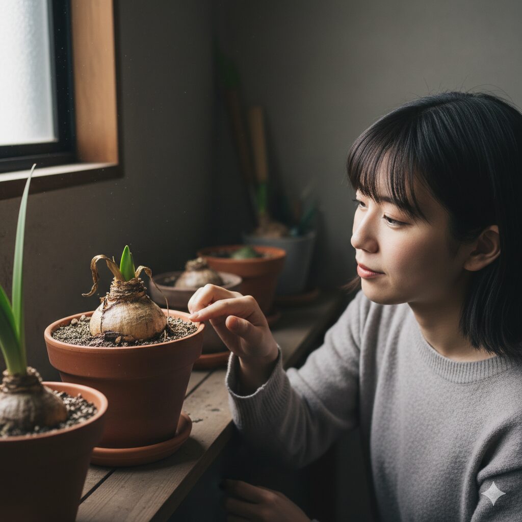 アマリリス 植え替え 土9　休眠期の腐敗を防ぐために断水管理される冬のアマリリス