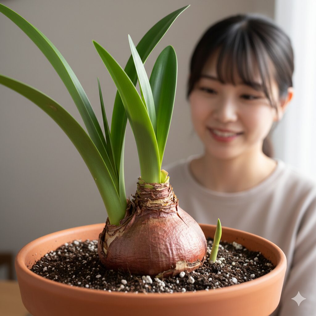 アマリリス 球根 太らせる1　アマリリスの球根を太らせることに成功し、どっしりと巨大化した健康な球根と青々とした葉の様子