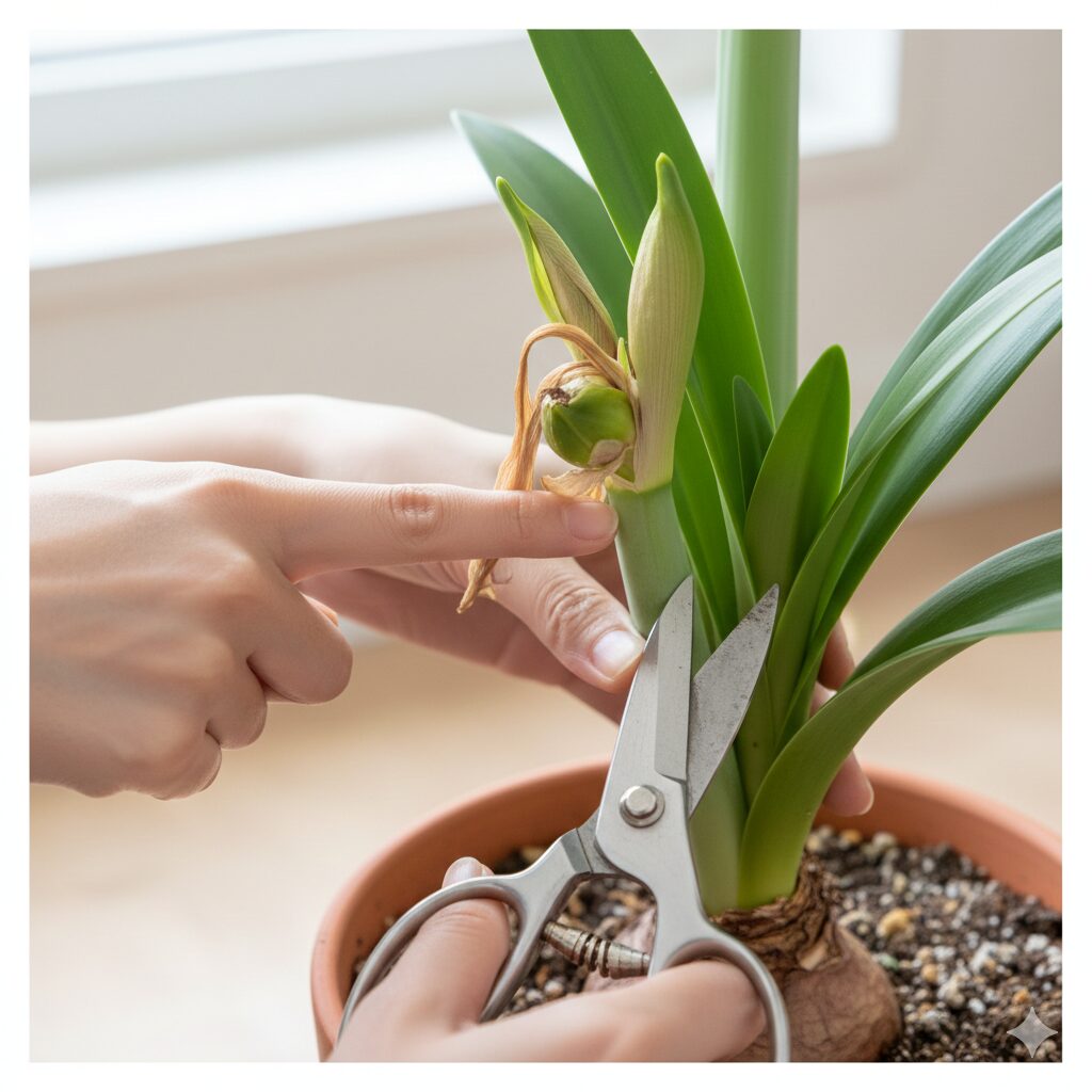 アマリリス 球根 太らせる2 アマリリスの球根に栄養を蓄えるため、花後に種子ができ始めた子房をハサミで切り取る作業