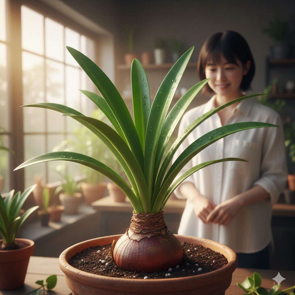 アマリリス 球根 太らせる3 翌年の花芽形成のために10枚近くの健康な葉を維持しているアマリリスの株