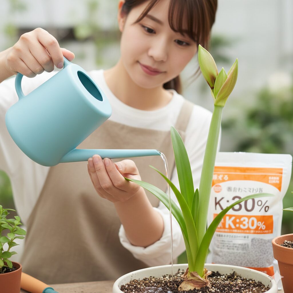 アマリリス 球根 太らせる4 アマリリスの球根肥大に効果的なカリウム分の多い肥料を追肥しているメンテナンス風景