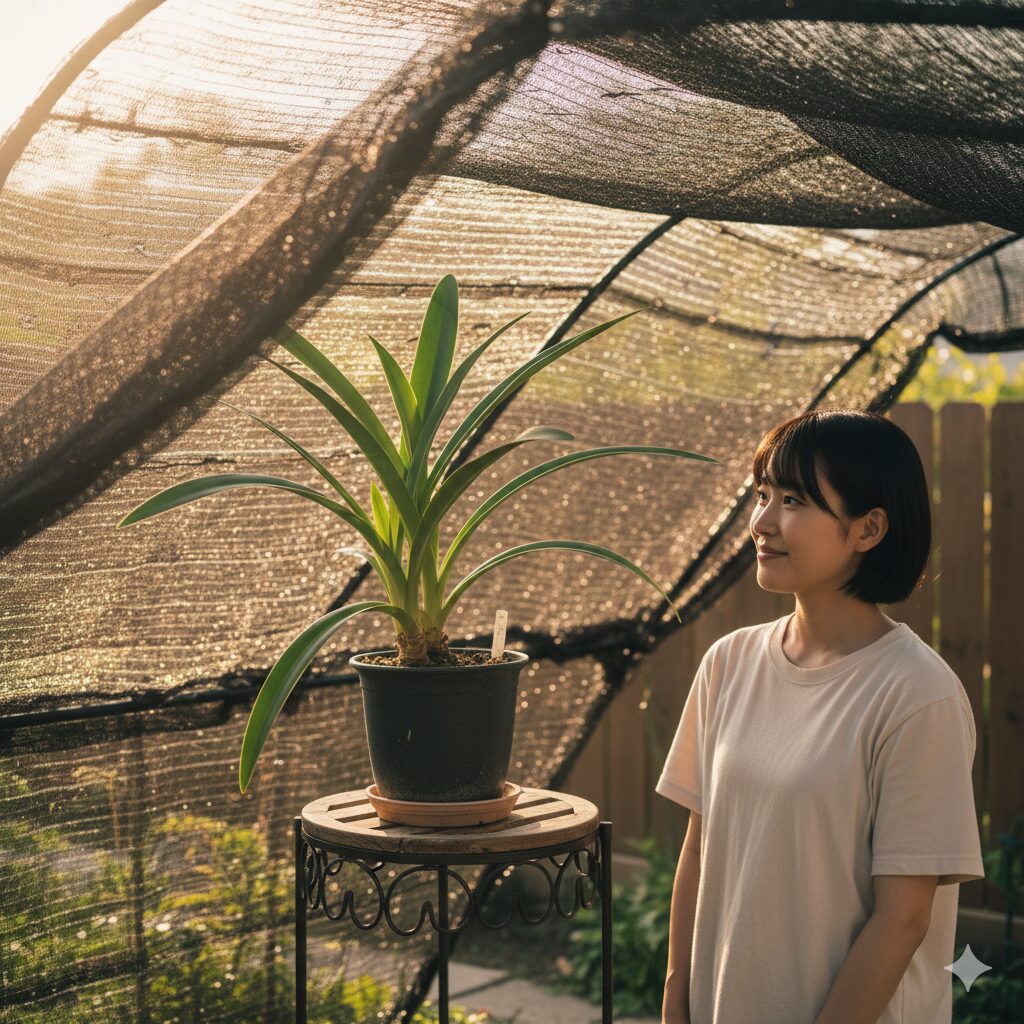 アマリリス 球根 太らせる5 夏の猛暑からアマリリスを守り球根の消耗を防ぐために遮光ネットを設置した環境