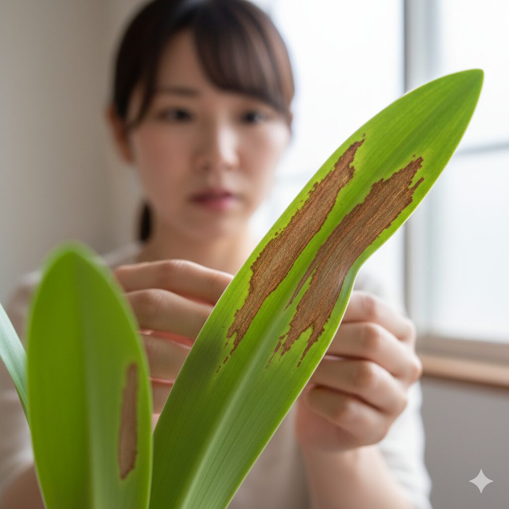 アマリリス 球根 太らせる8 アマリリスの葉に発生した赤斑病(せきはんびょう)の初期症状である赤い斑点