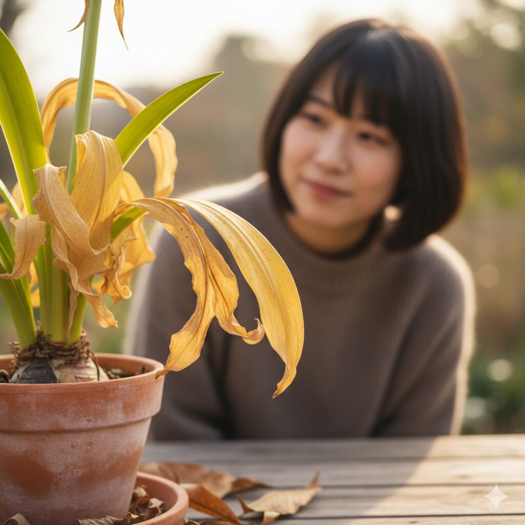 アマリリス 球根 太らせる9 秋に水断ちを行い葉の栄養分を球根に引き上げている休眠準備中のアマリリス