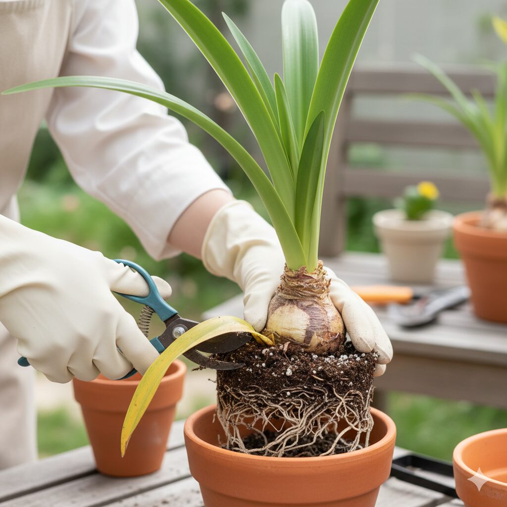 アマリリス 花 言葉 怖い8　毒による皮膚かぶれを防ぐためにゴム手袋をしてアマリリスを扱う様子