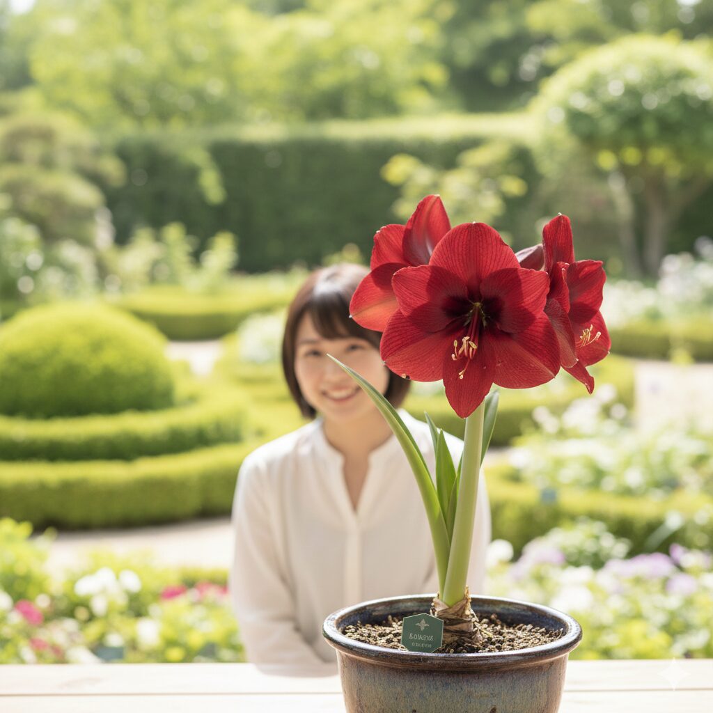 アマリリス 花が咲かない1　テラスで大輪の赤い花を咲かせた、理想的な家庭栽培のアマリリスの鉢植え