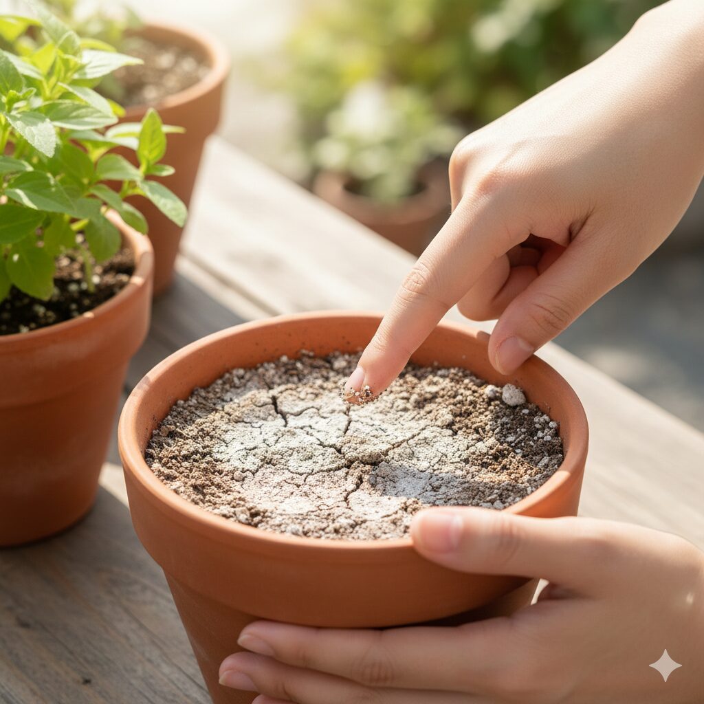 アマリリス 花が咲かない5　アマリリスの根腐れを防ぐために、指で土の乾き具合を確認する水やりのコツ